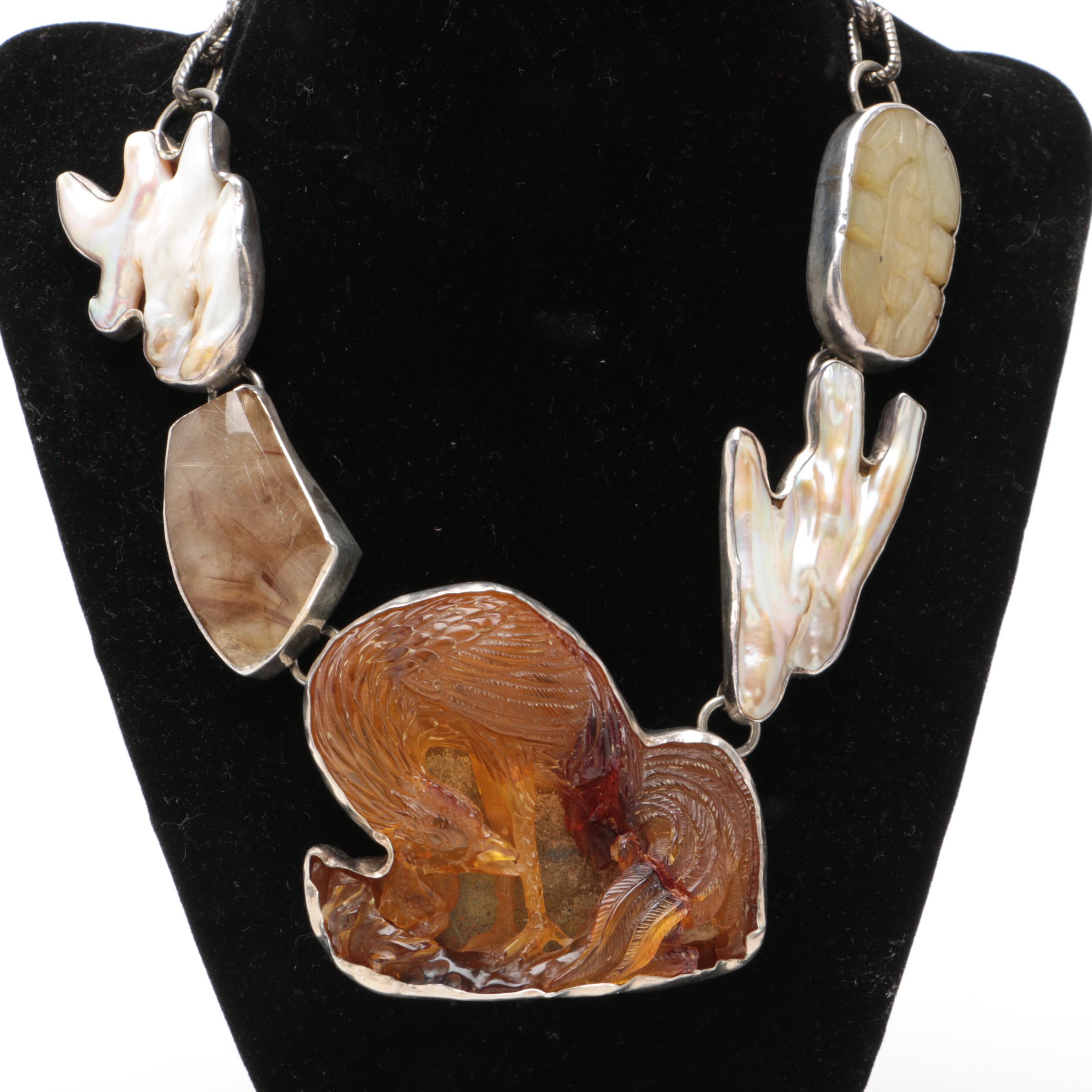 Rebecca Collins "Bless Our Earth" Sterling Silver Carved Copal Necklace