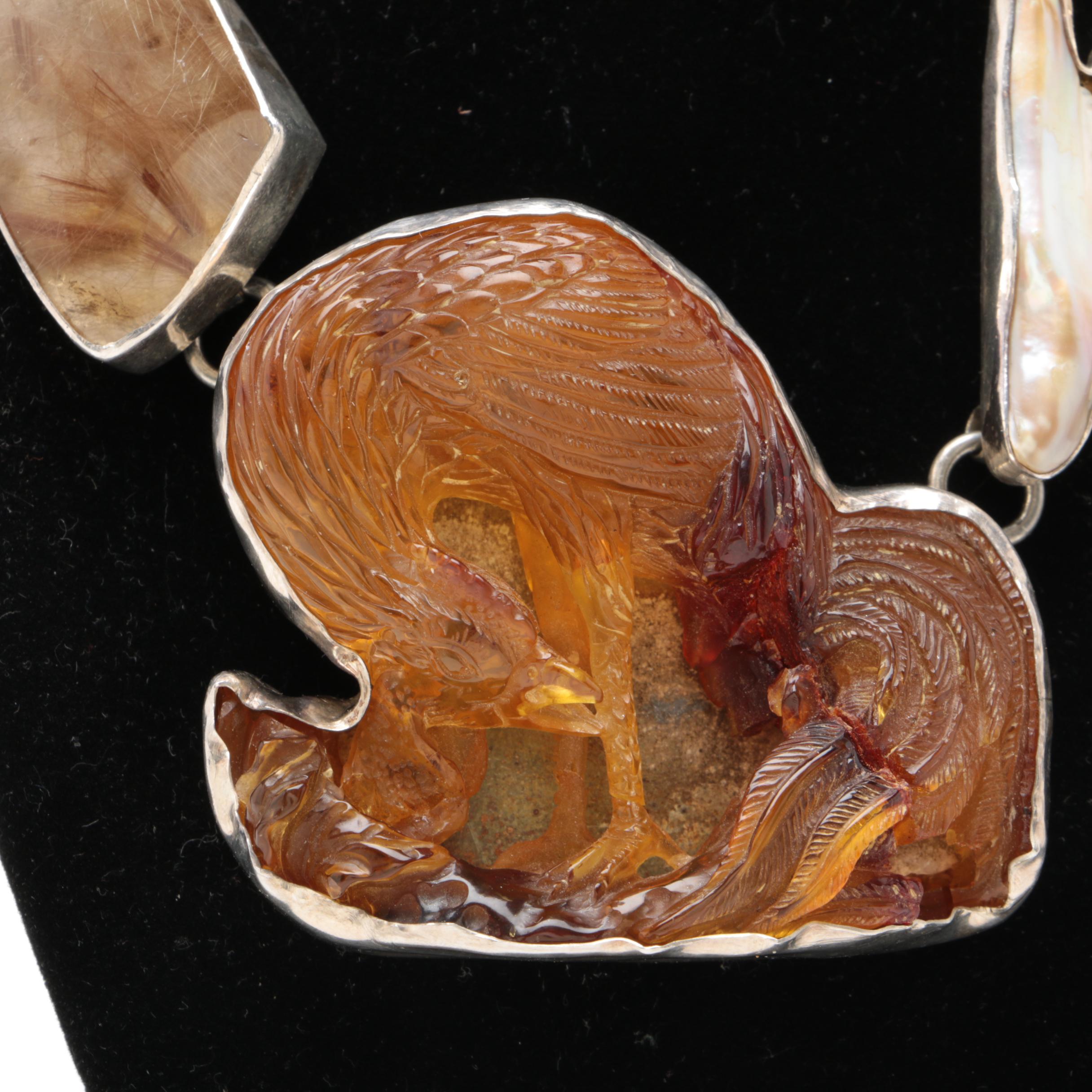 Rebecca Collins "Bless Our Earth" Sterling Silver Carved Copal Necklace