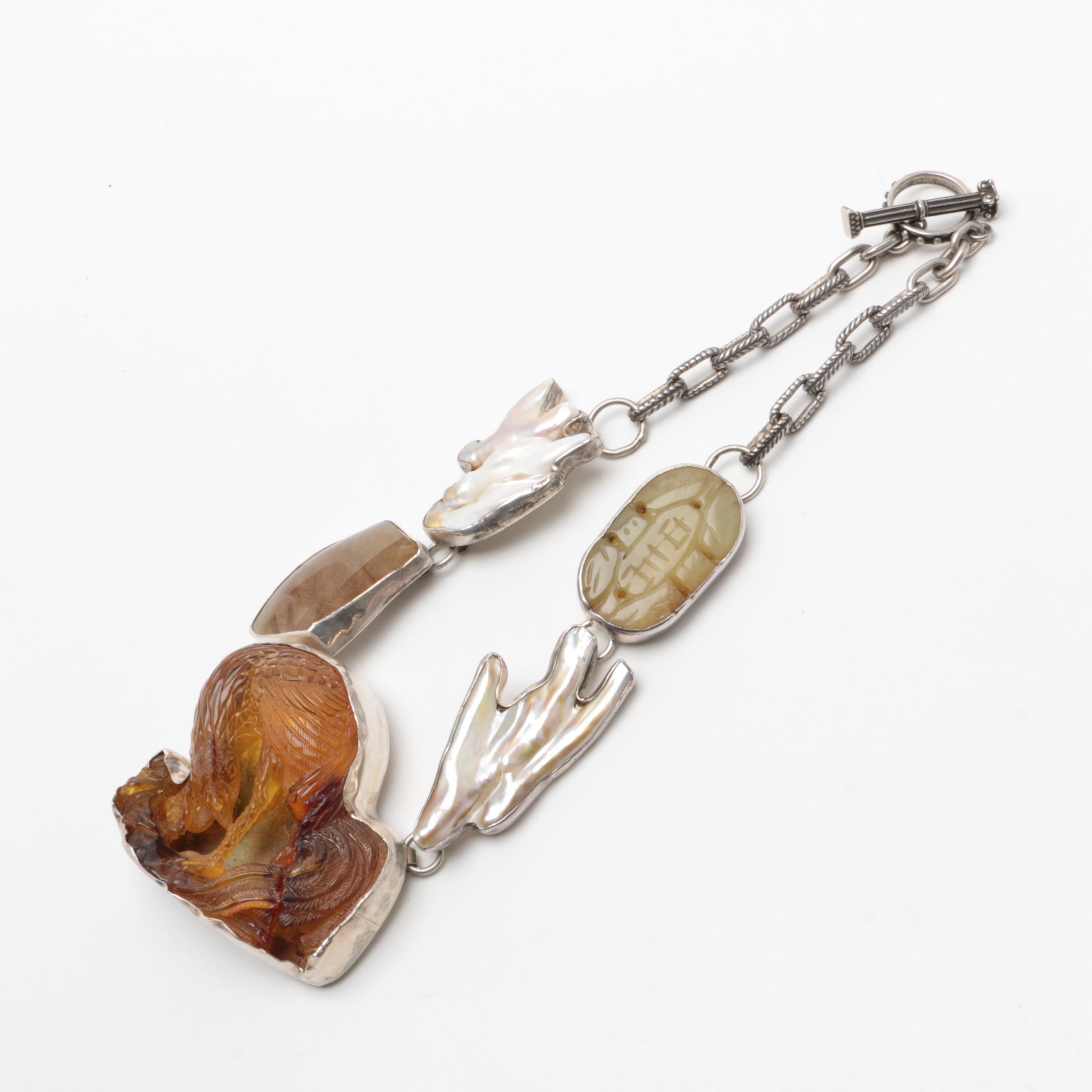 Rebecca Collins "Bless Our Earth" Sterling Silver Carved Copal Necklace