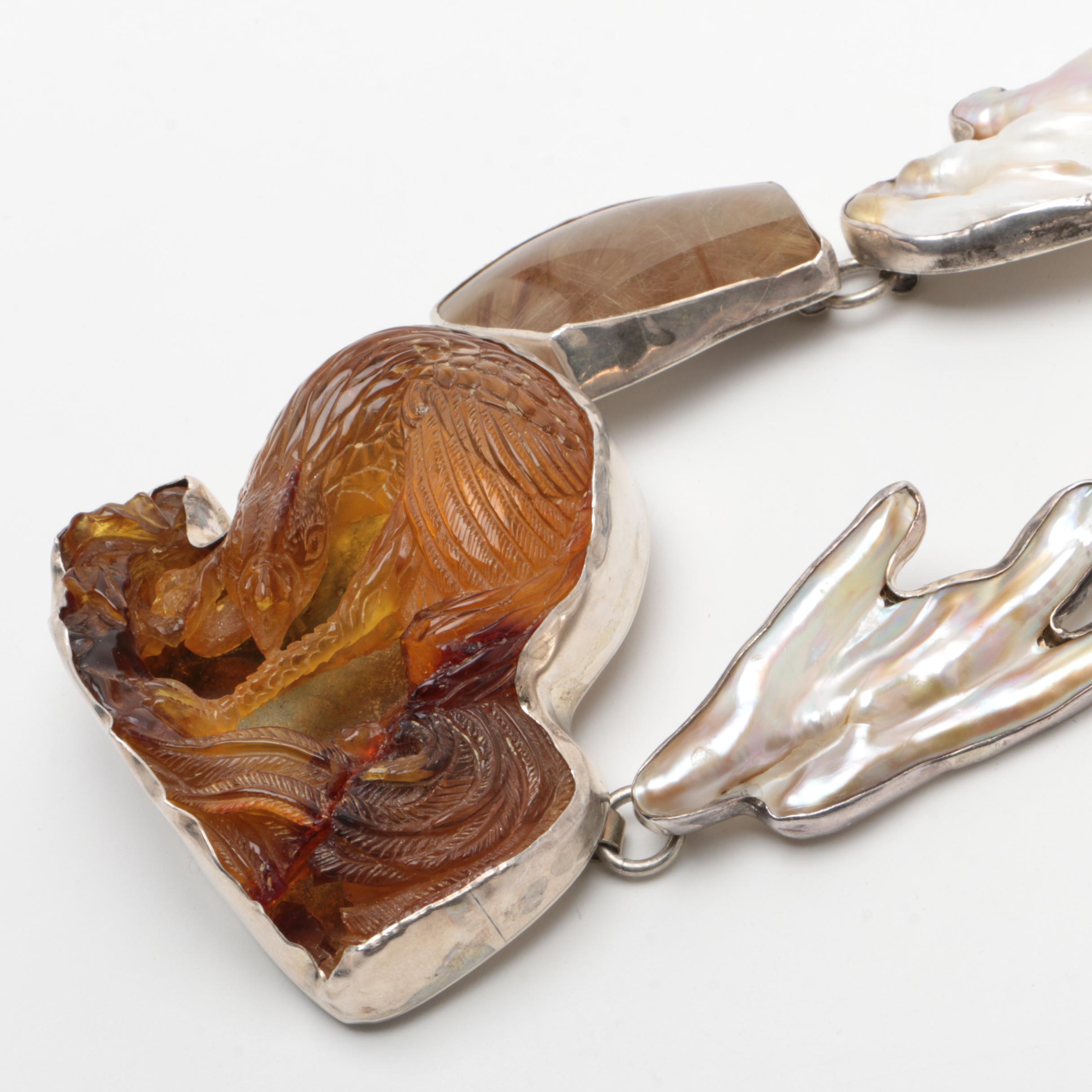 Rebecca Collins "Bless Our Earth" Sterling Silver Carved Copal Necklace