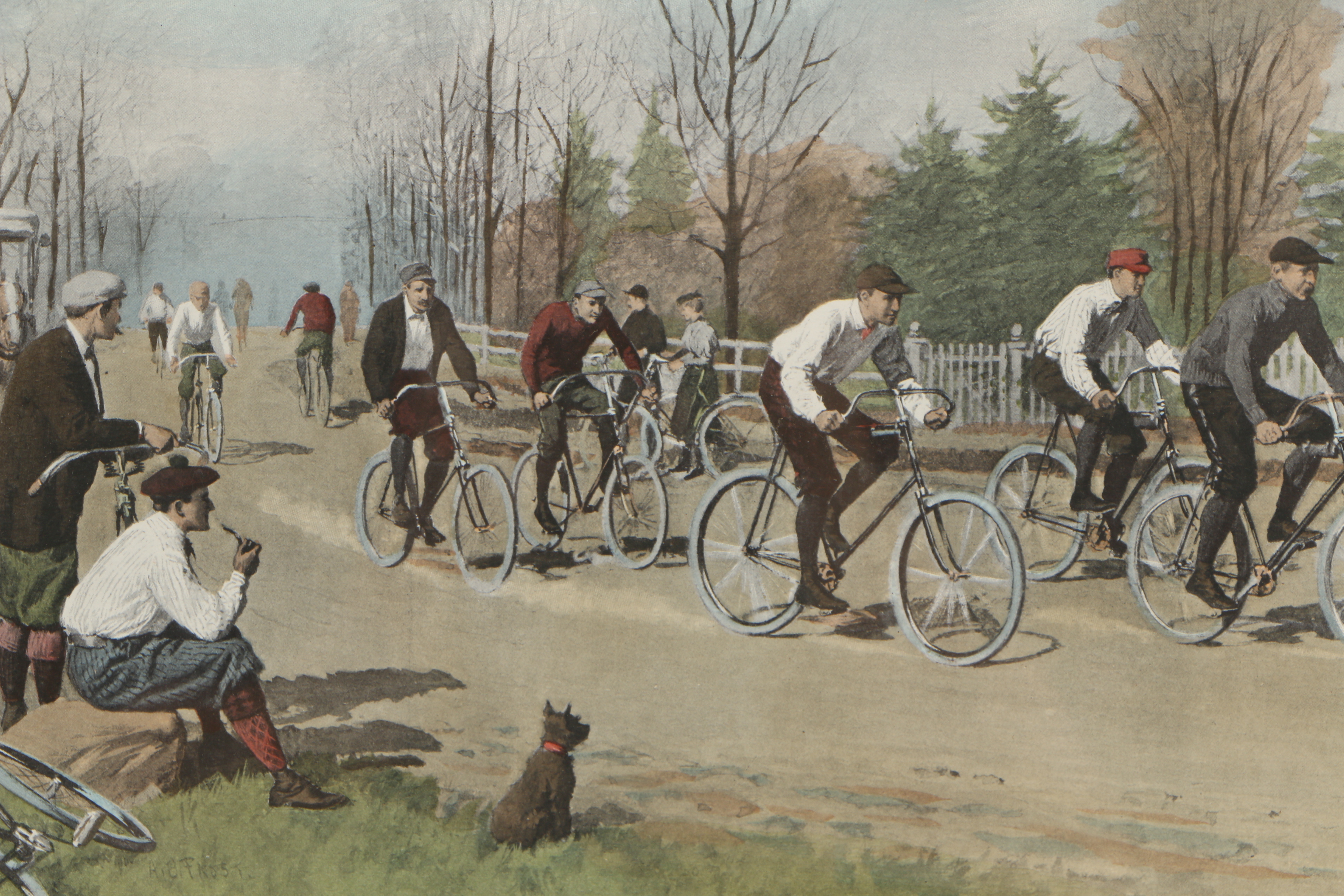 Hand-Colored Offset Lithograph After Arthur Burdett Frost's "Bicycle Race"