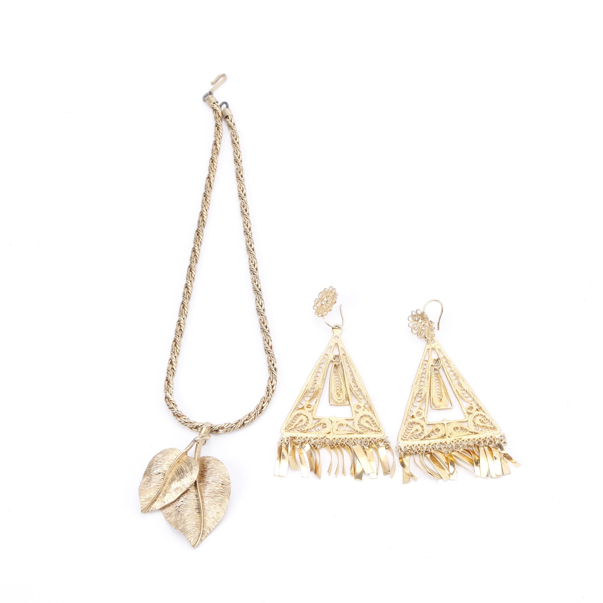 Mid Century Nettie Rosenstein Gold Leaf Necklace and Dangle Earrings