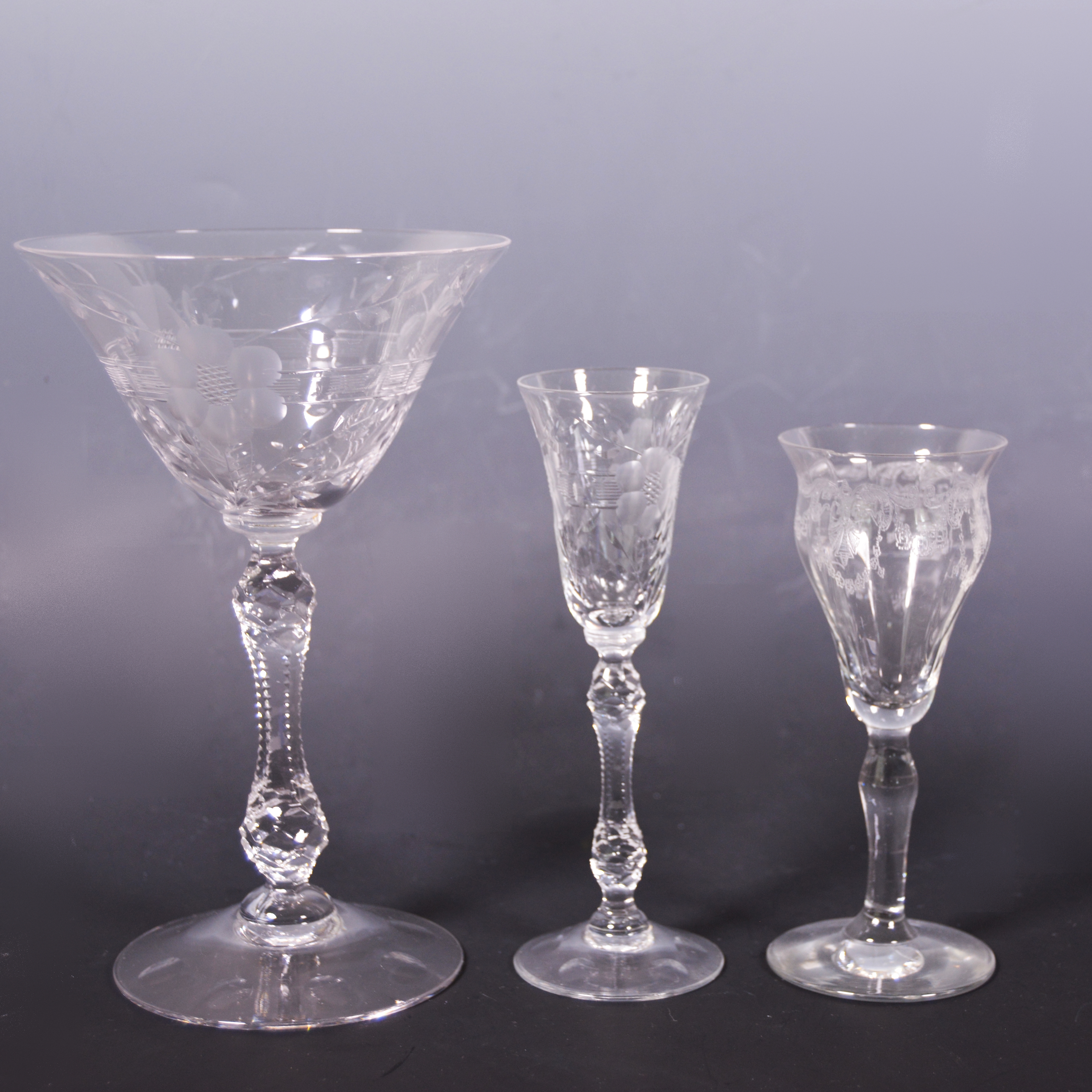 Set of Vintage Etched Floral Glass Stemware