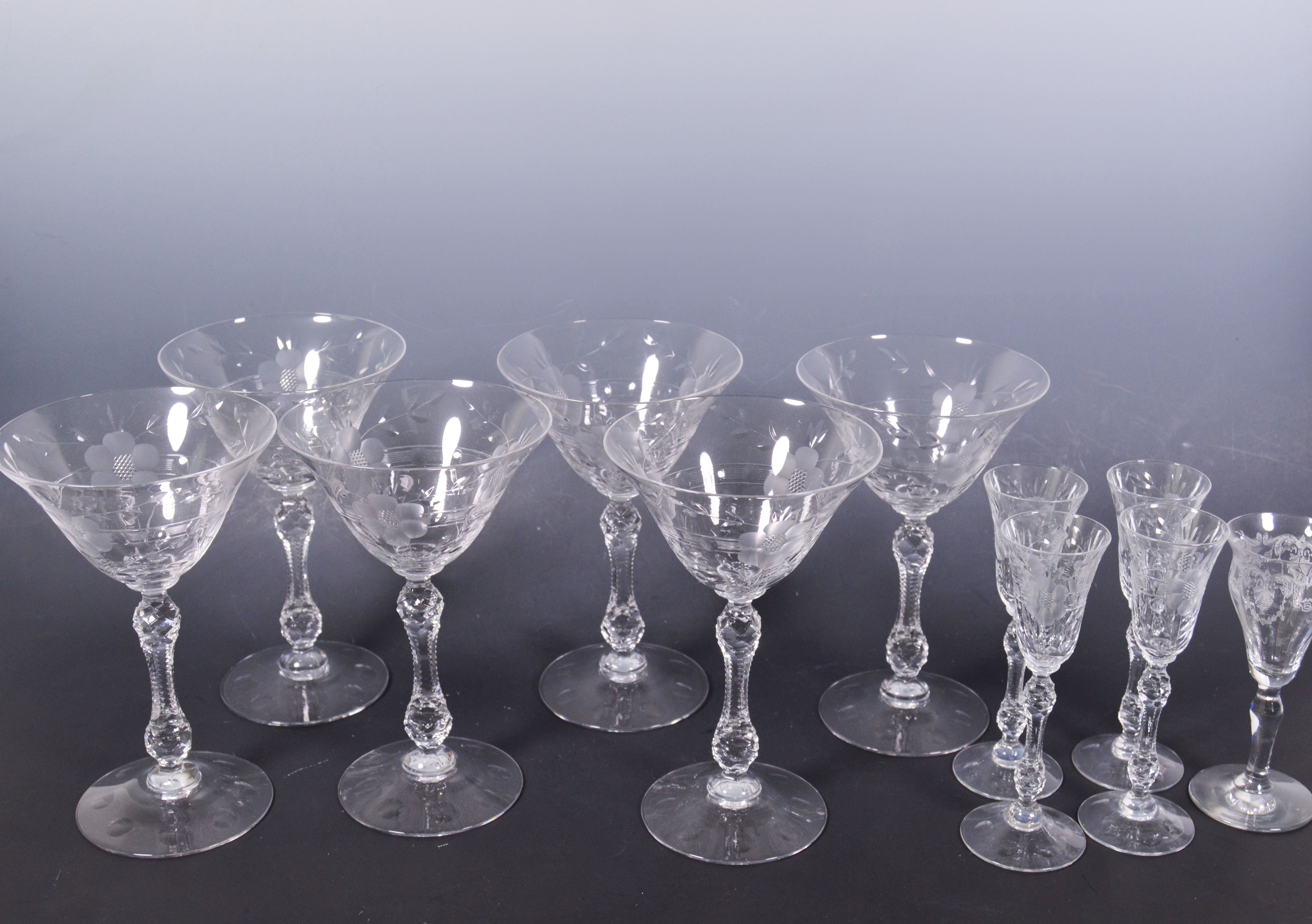 Set of Vintage Etched Floral Glass Stemware
