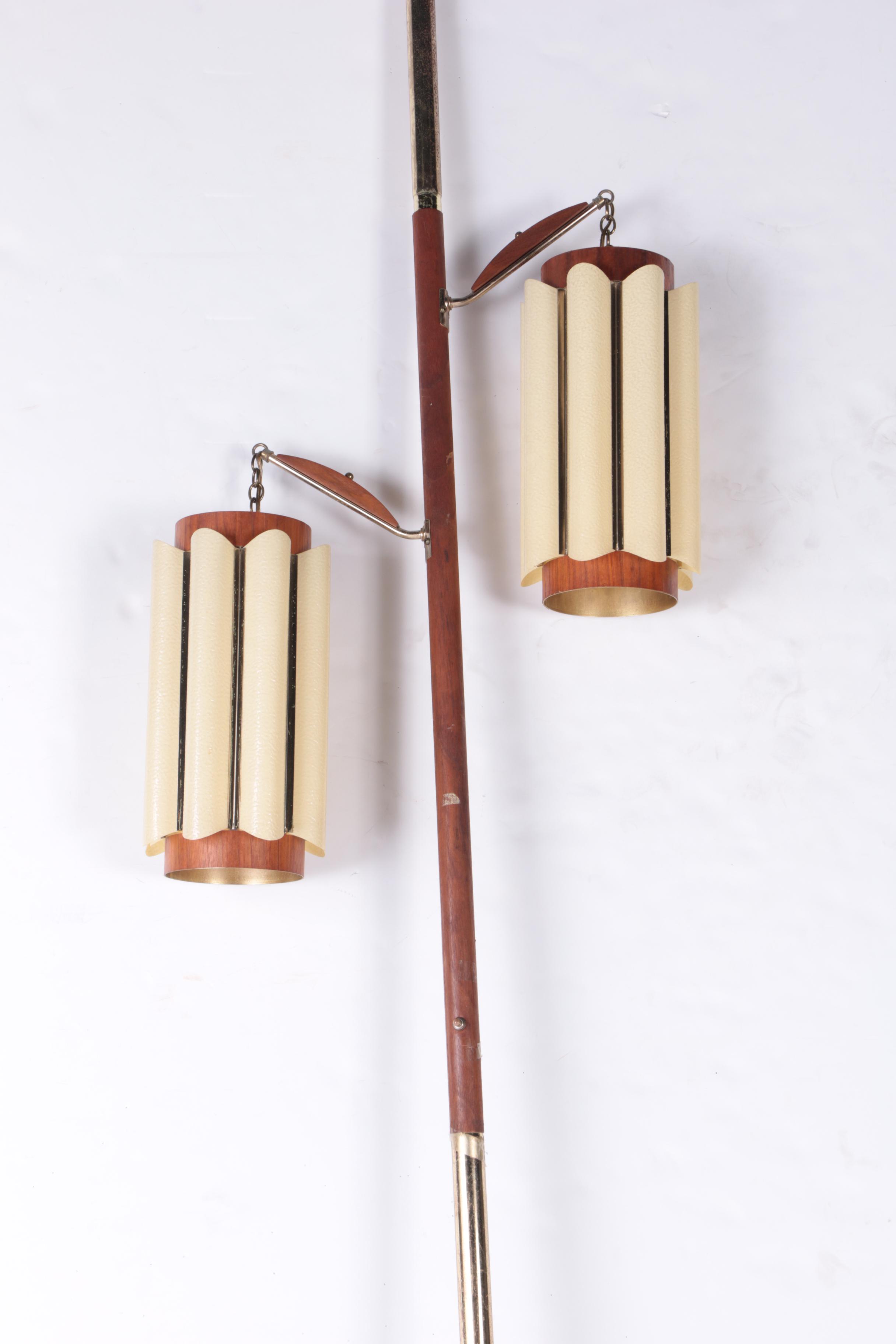 Mid Century Modern Wood and Metal Floor to Ceiling Tension Pole Lamp