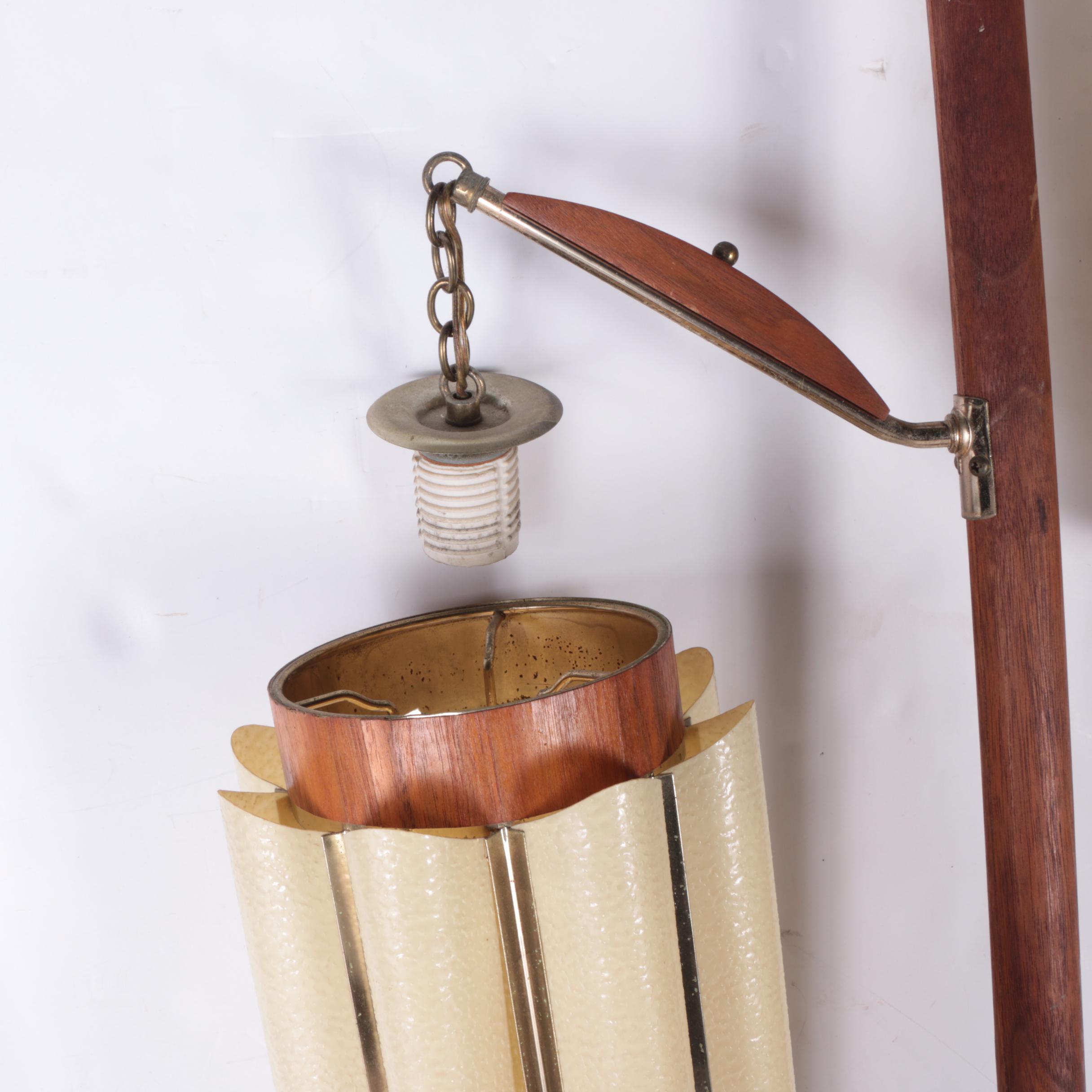 Mid Century Modern Wood and Metal Floor to Ceiling Tension Pole Lamp