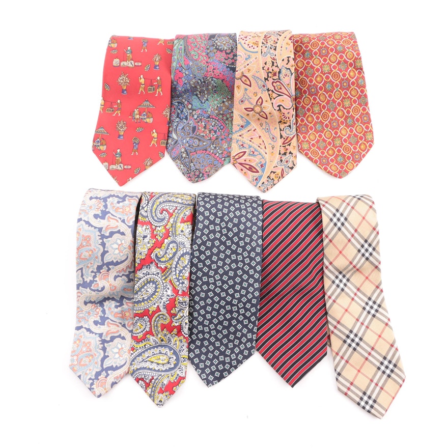 Men's Vintage Silk Neckties Including Burberry, Jaeger and Salvatore Ferragamo