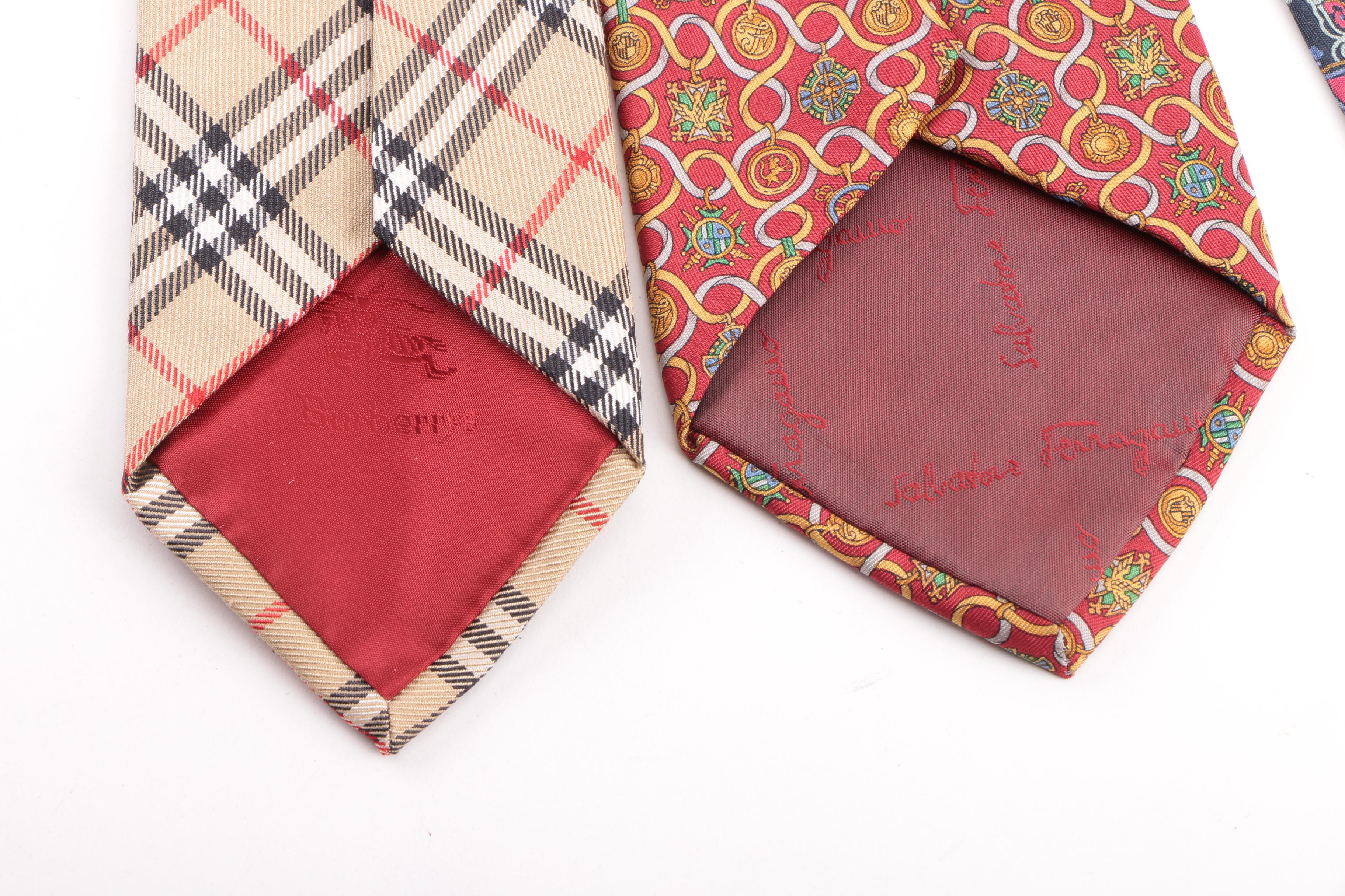 Men's Vintage Silk Neckties Including Burberry, Jaeger and Salvatore Ferragamo