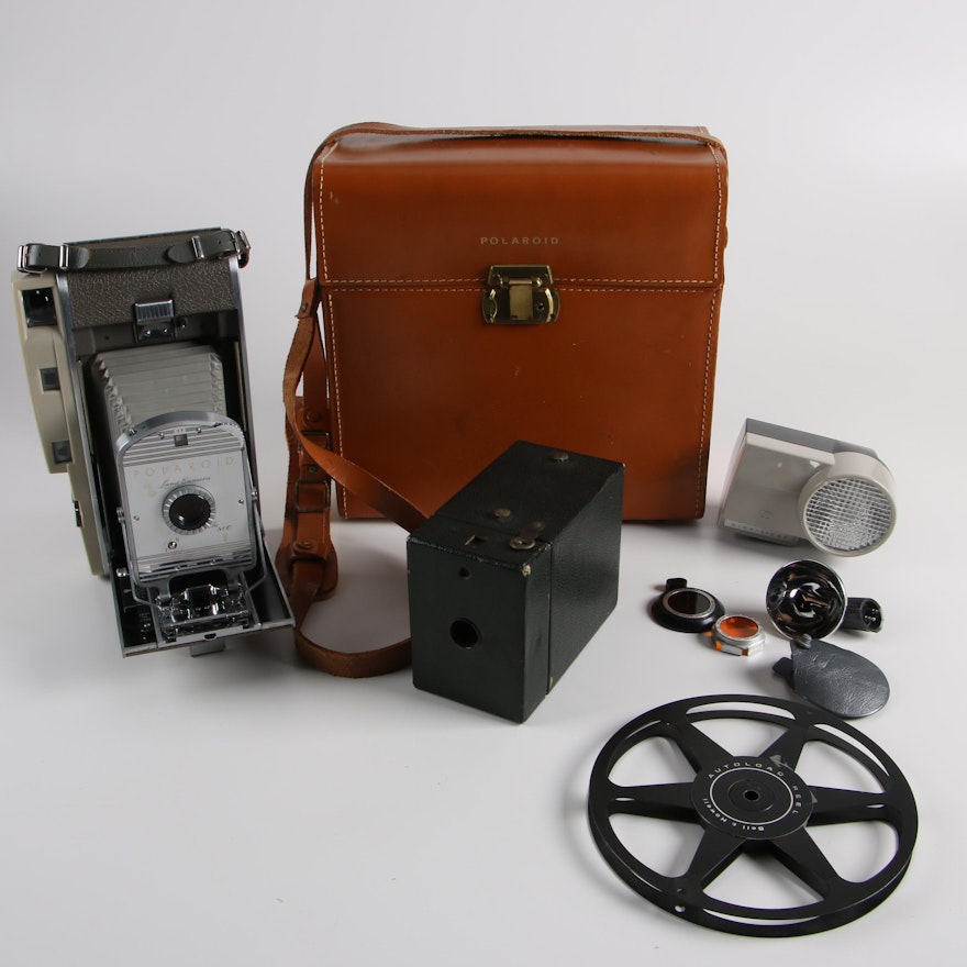 Circa 1960s Vintage Polaroid 800 Land Camera and Vintage Kodak Camera