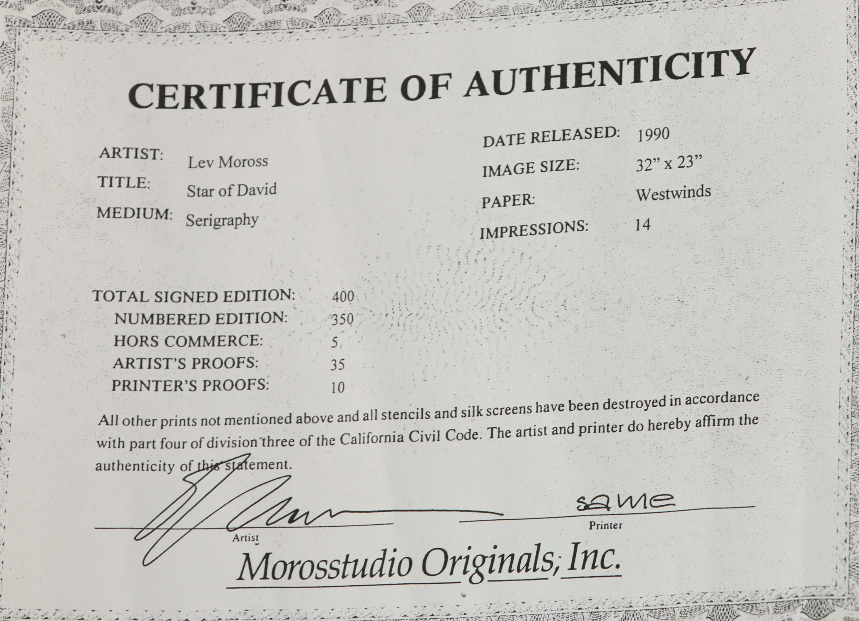 Lev Moross Serigraph "Star of David"