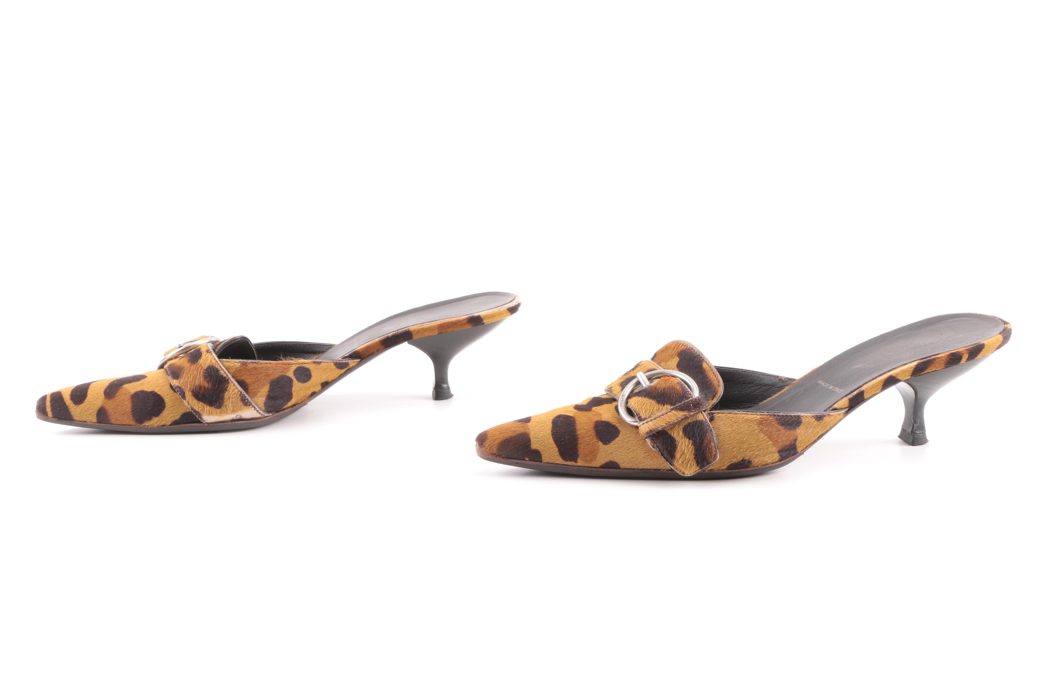 Prada Tan and Brown Animal Print Pony Hair Mules