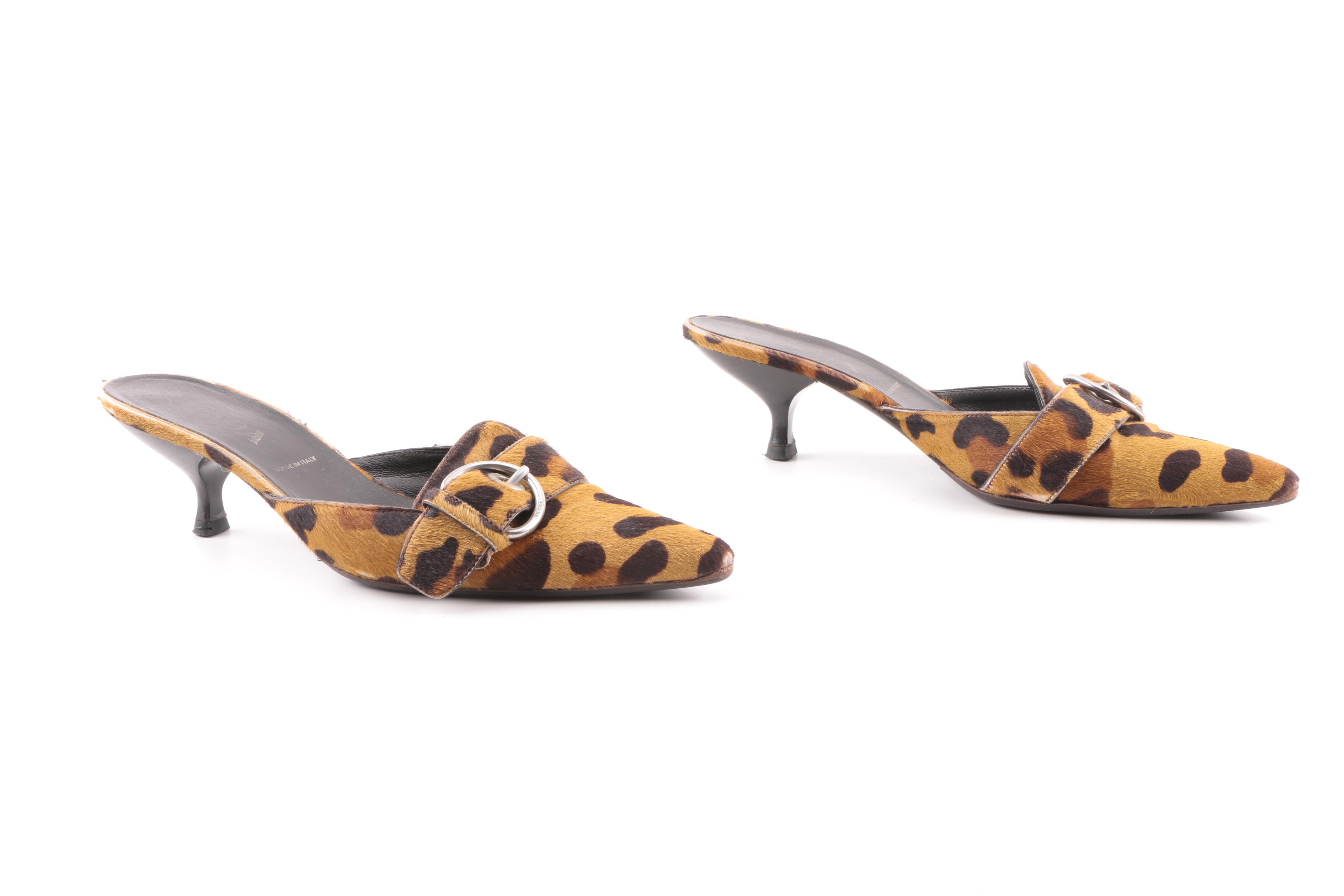 Prada Tan and Brown Animal Print Pony Hair Mules