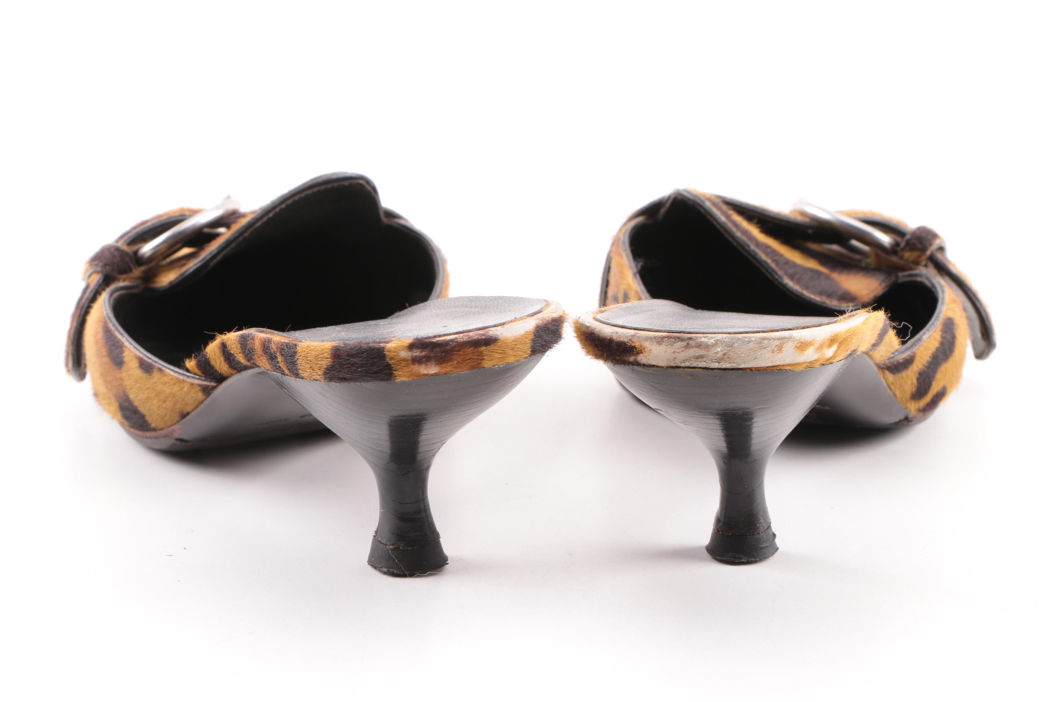 Prada Tan and Brown Animal Print Pony Hair Mules