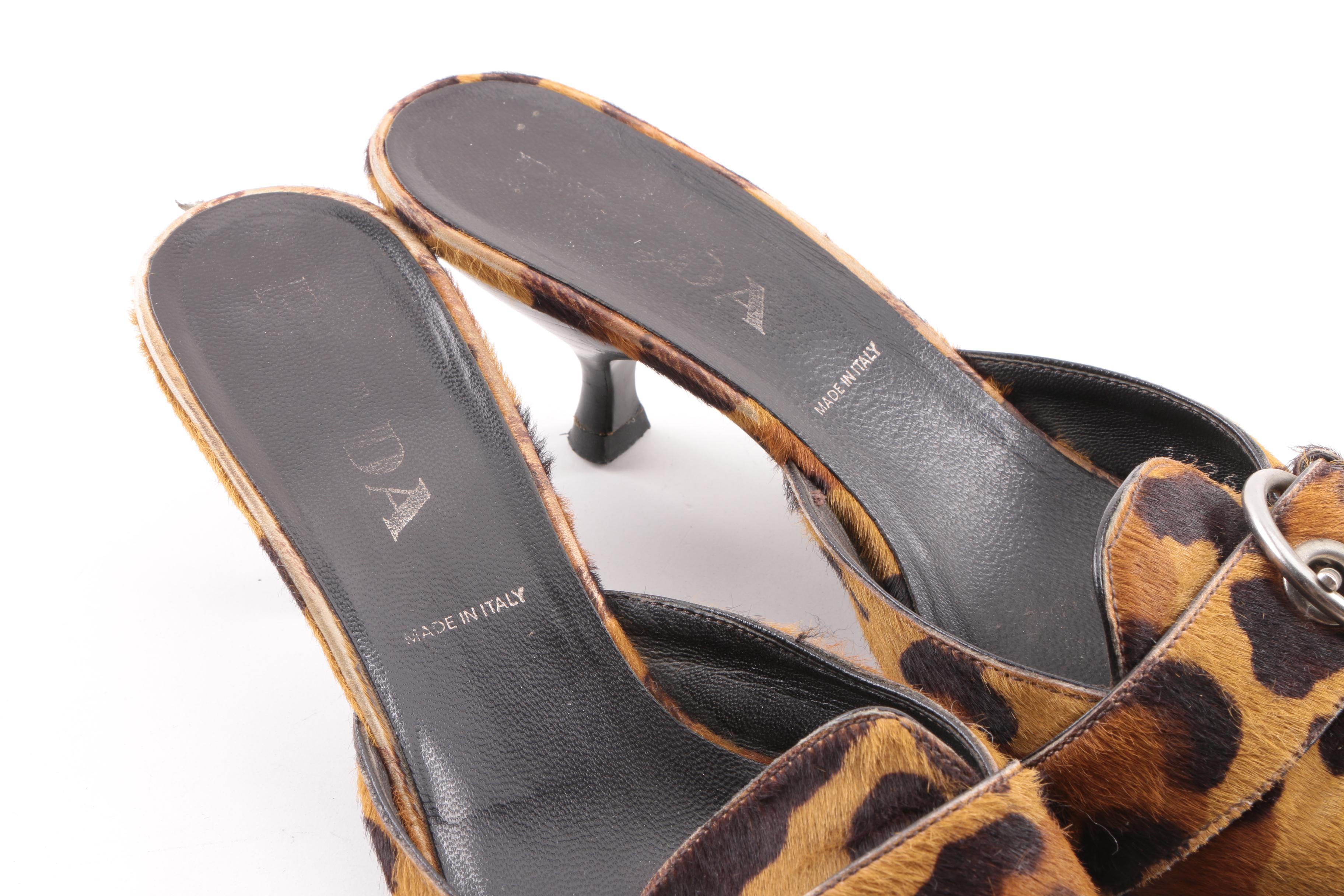 Prada Tan and Brown Animal Print Pony Hair Mules