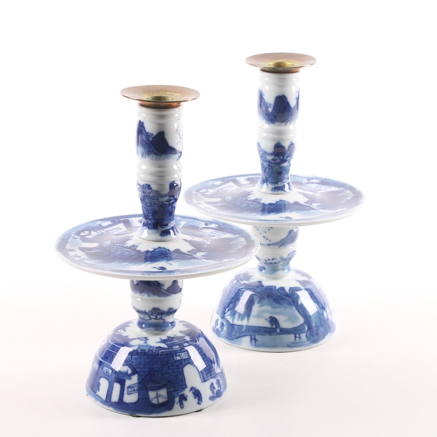 Mottahedeh Reproduction "Blue Canton" Porcelain Candlesticks