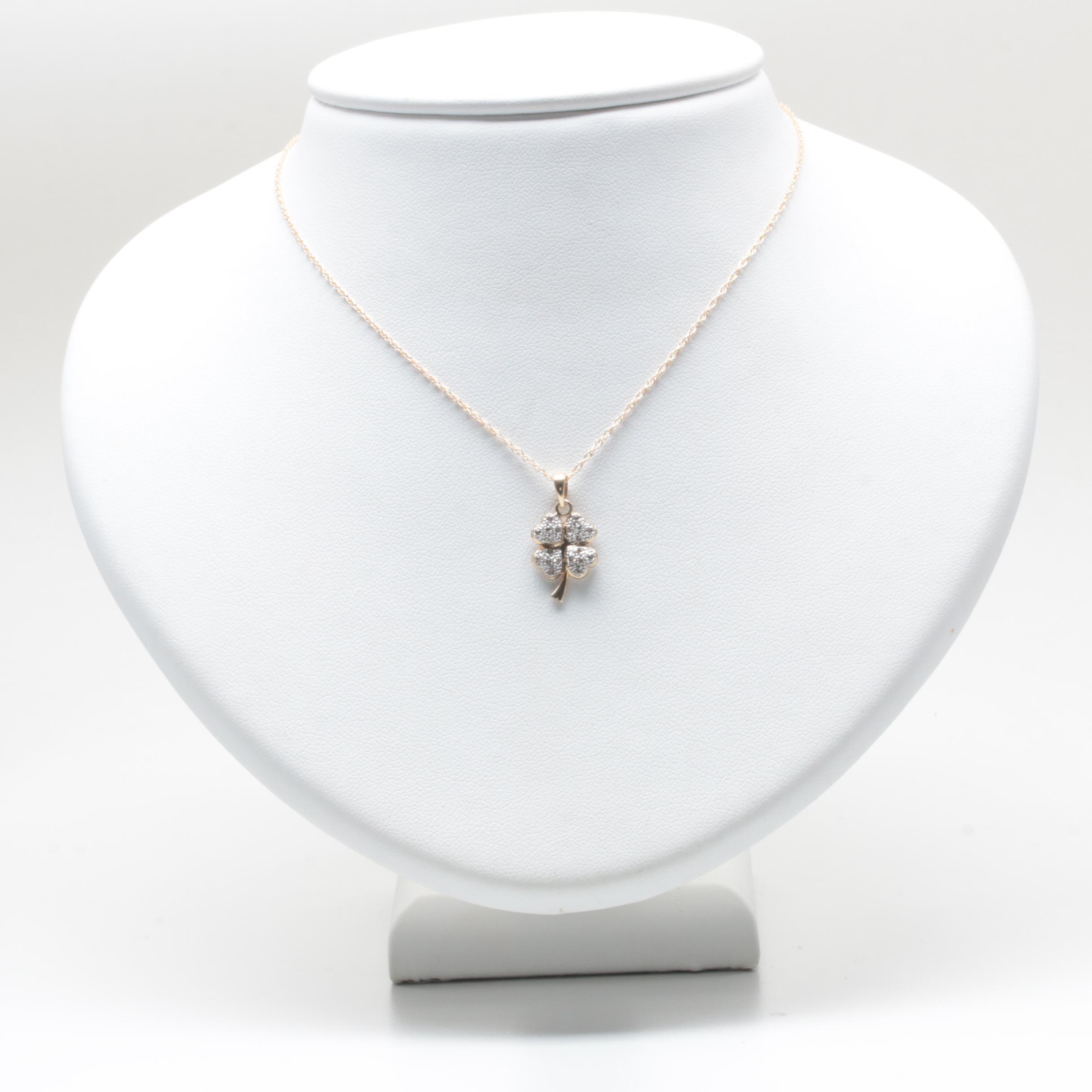 14K Yellow Gold Diamond Clover Pendant Necklace