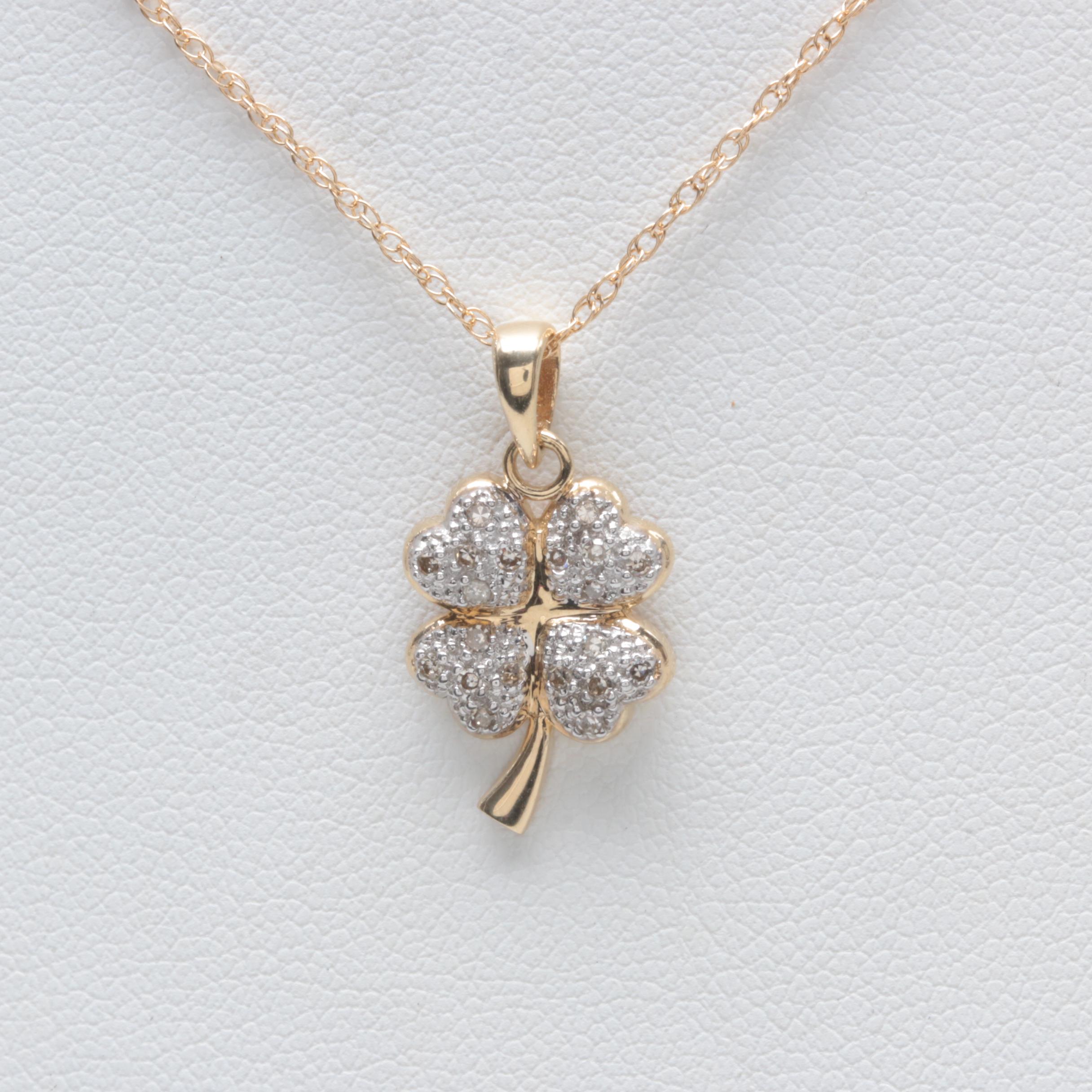 14K Yellow Gold Diamond Clover Pendant Necklace