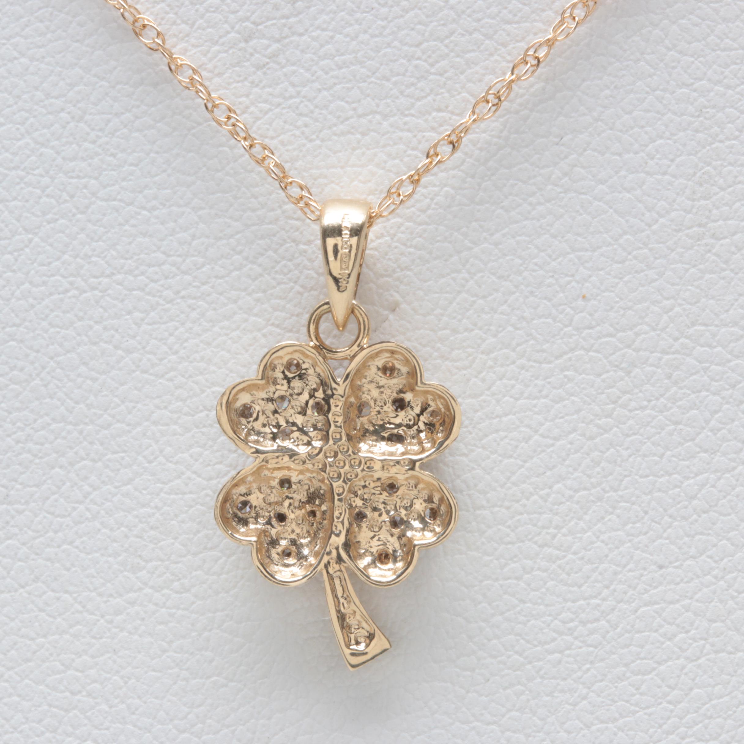 14K Yellow Gold Diamond Clover Pendant Necklace