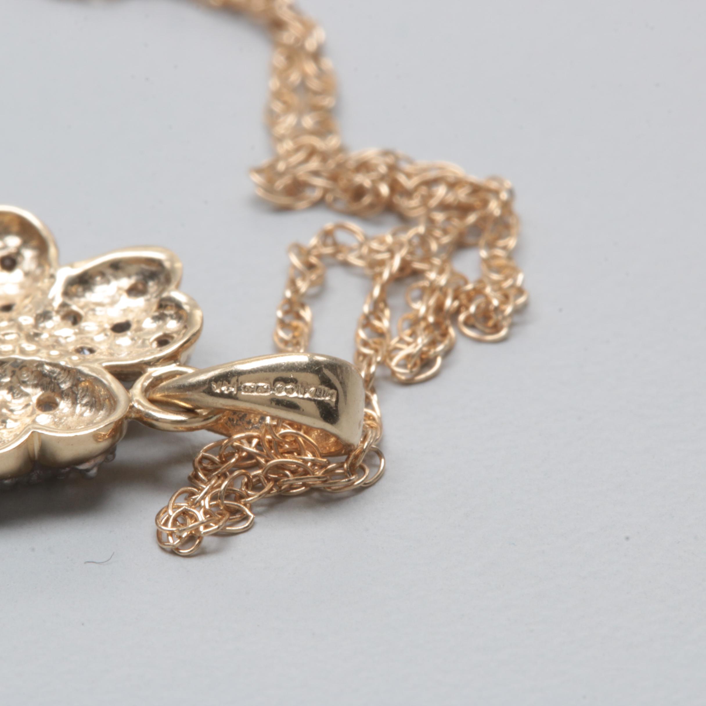 14K Yellow Gold Diamond Clover Pendant Necklace