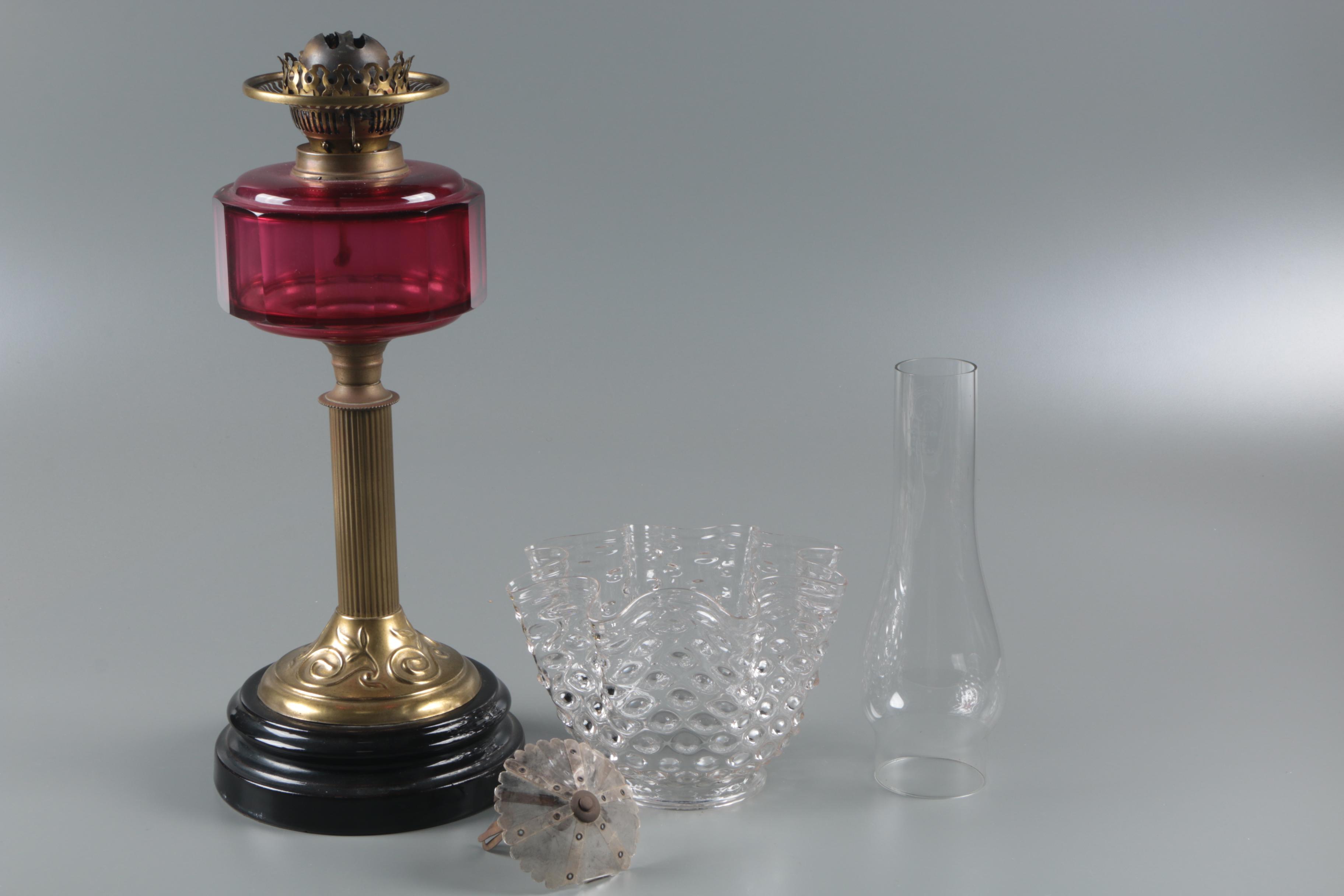 Victorian Cranberry Glass and Brass Kerosene Table Lamp and Shade, 19th Century