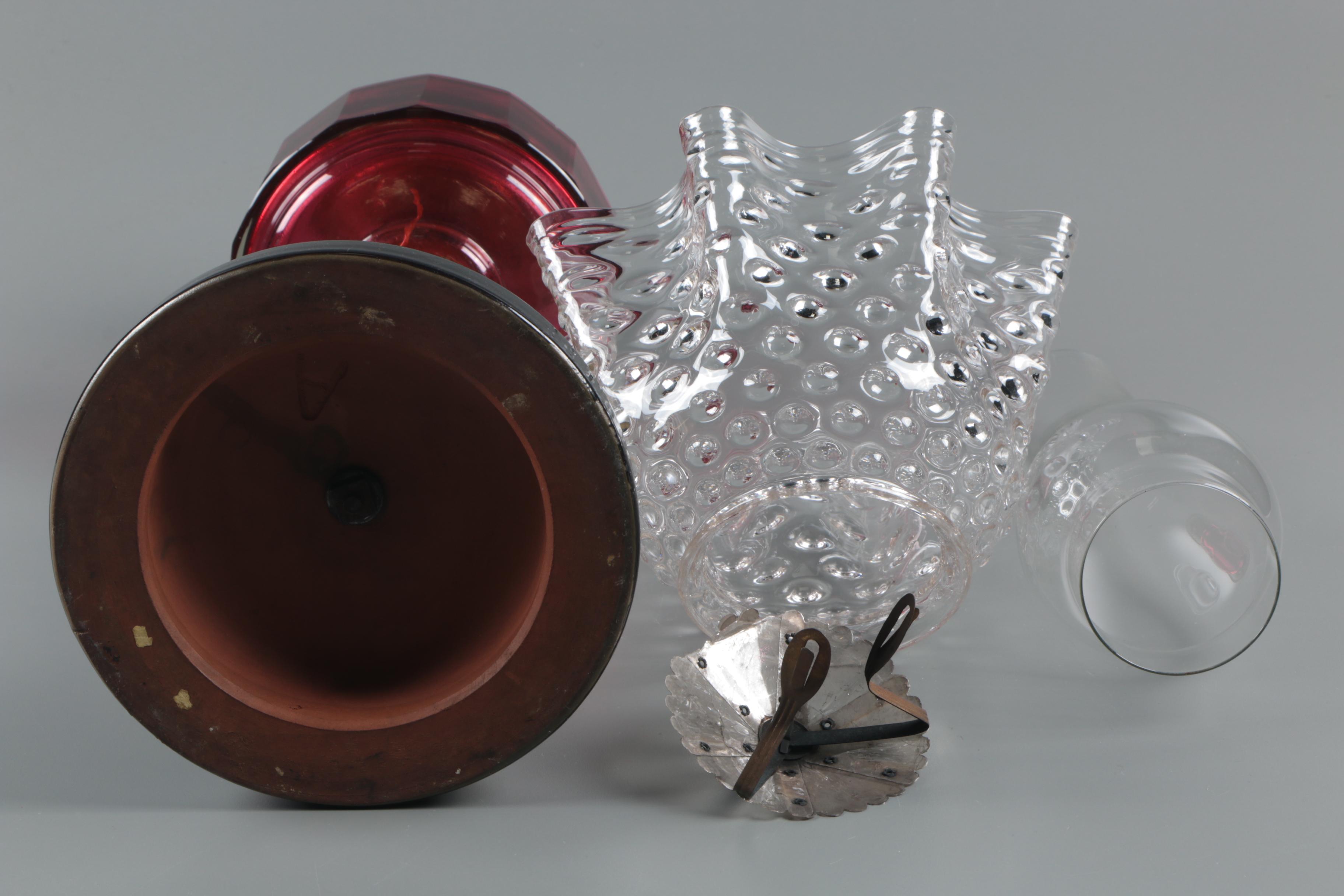 Victorian Cranberry Glass and Brass Kerosene Table Lamp and Shade, 19th Century