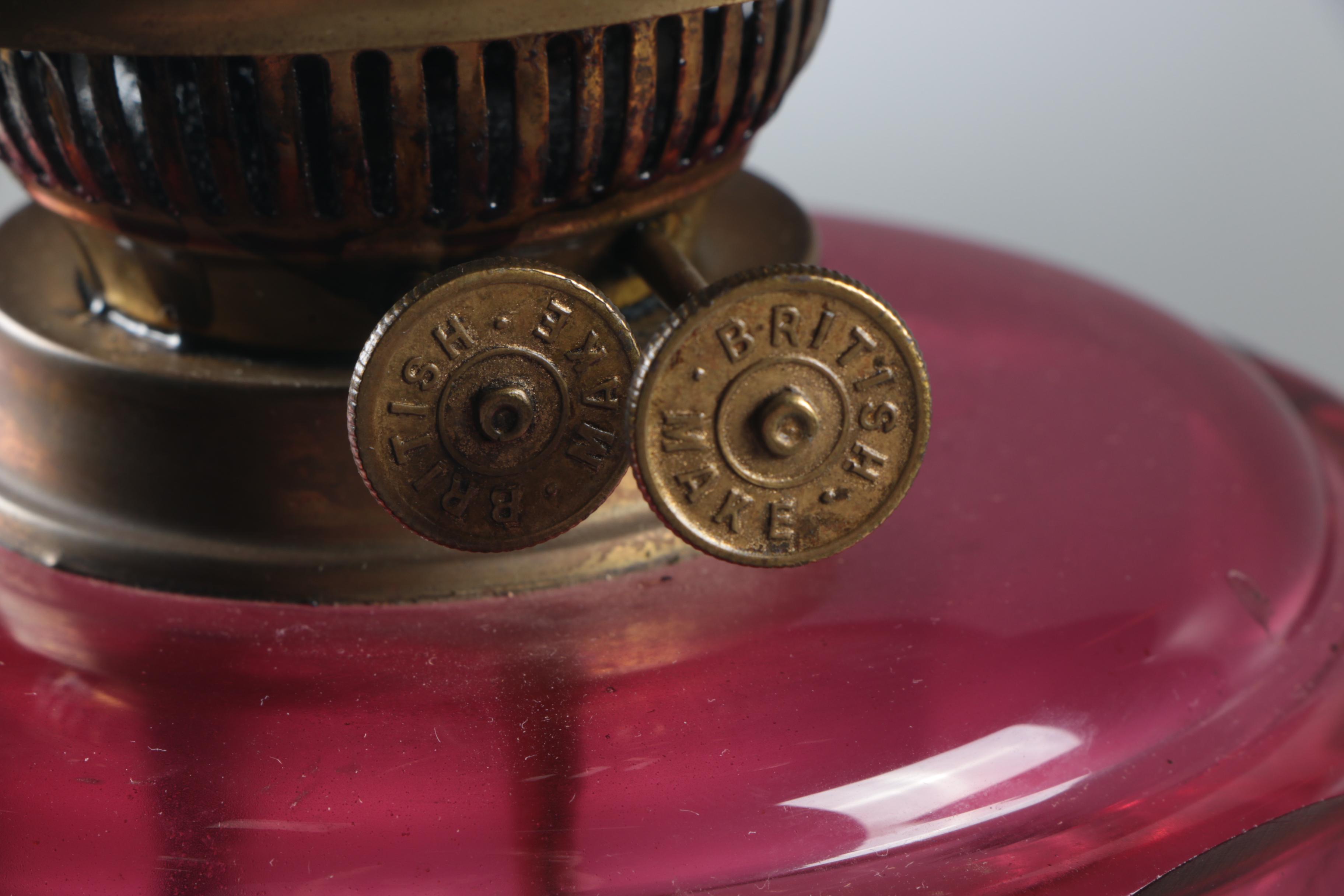 Victorian Cranberry Glass and Brass Kerosene Table Lamp and Shade, 19th Century