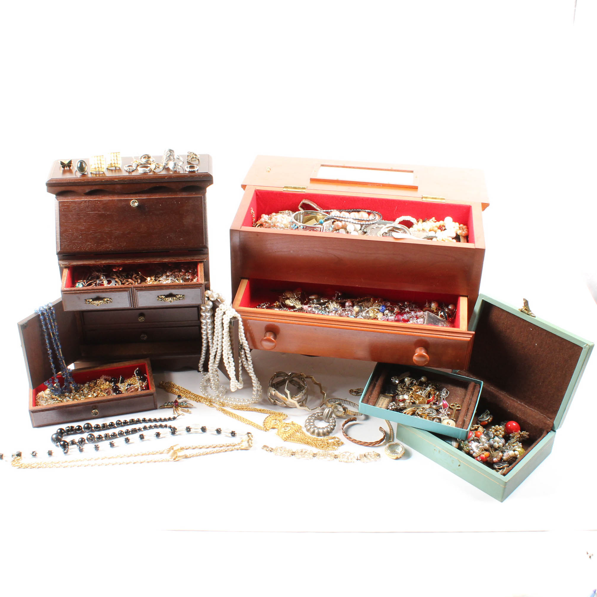 Costume Jewelry In Wooden Jewelry Boxes