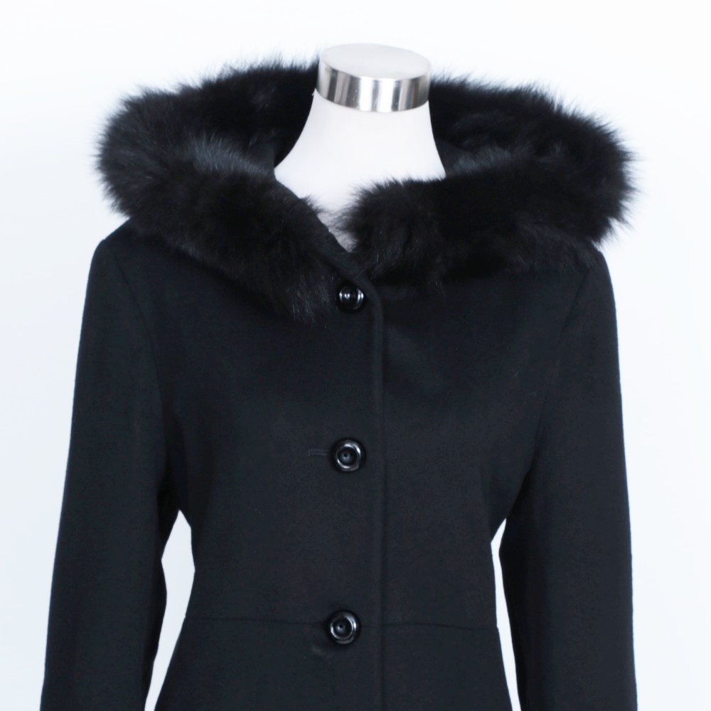 Dale Dressin Black Wool Full-Length Wool Coat With Fox Fur Trimmed Hood