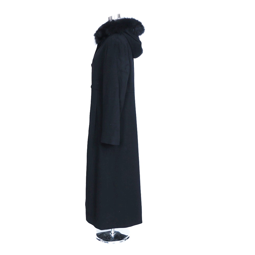 Dale Dressin Black Wool Full-Length Wool Coat With Fox Fur Trimmed Hood