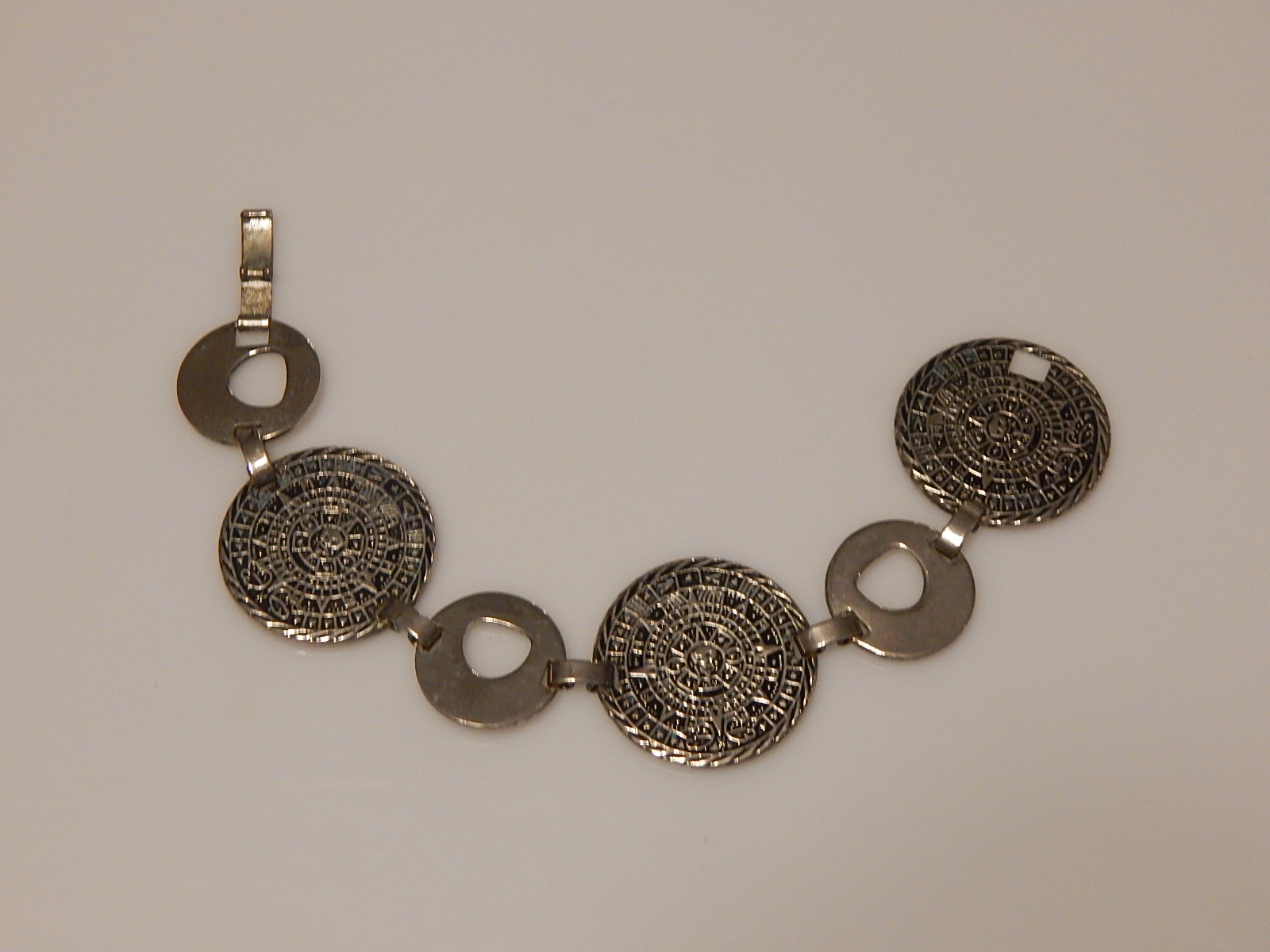 Sterling Silver Large Disc Link Aztec Bracelet