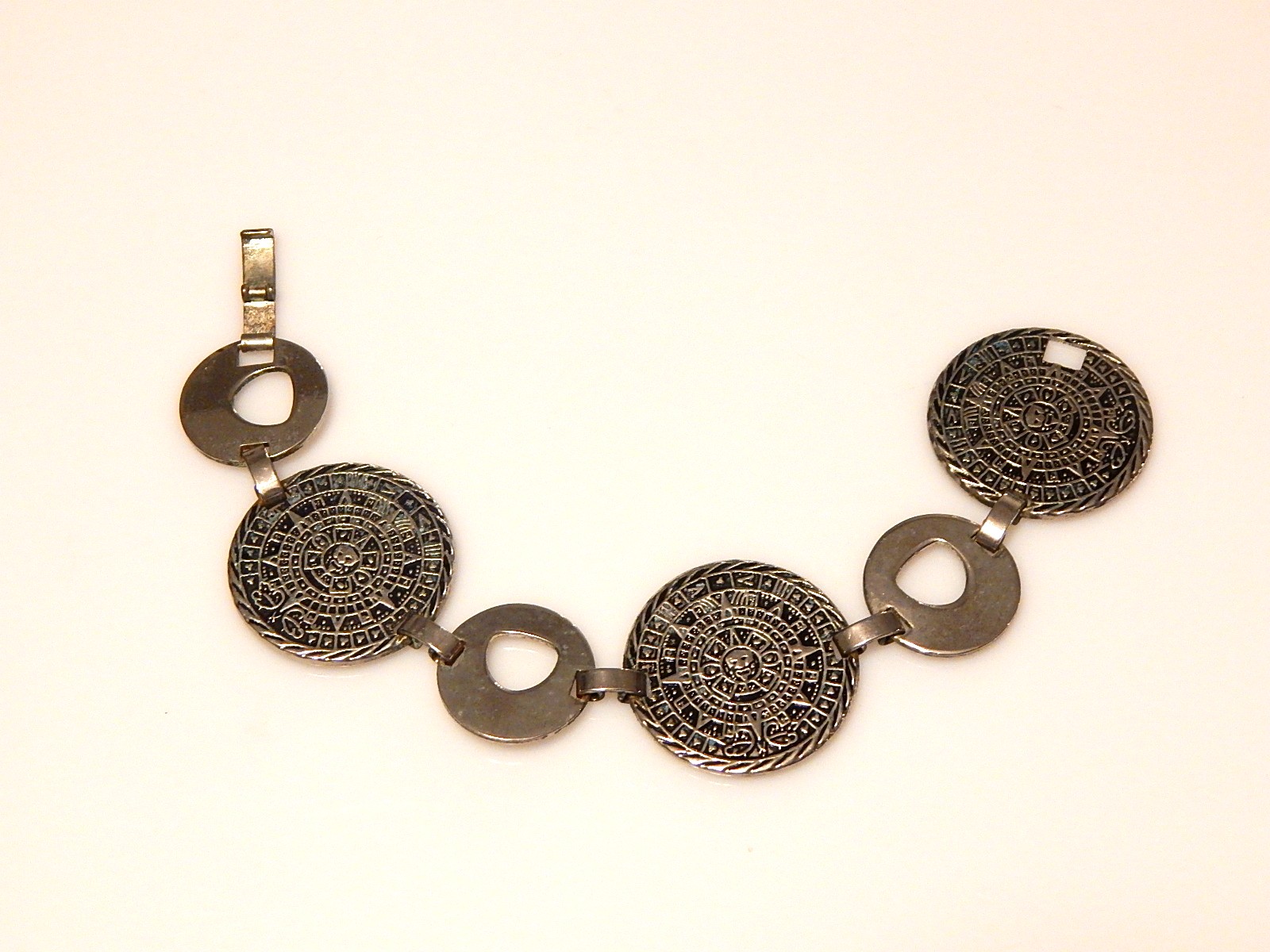 Sterling Silver Large Disc Link Aztec Bracelet