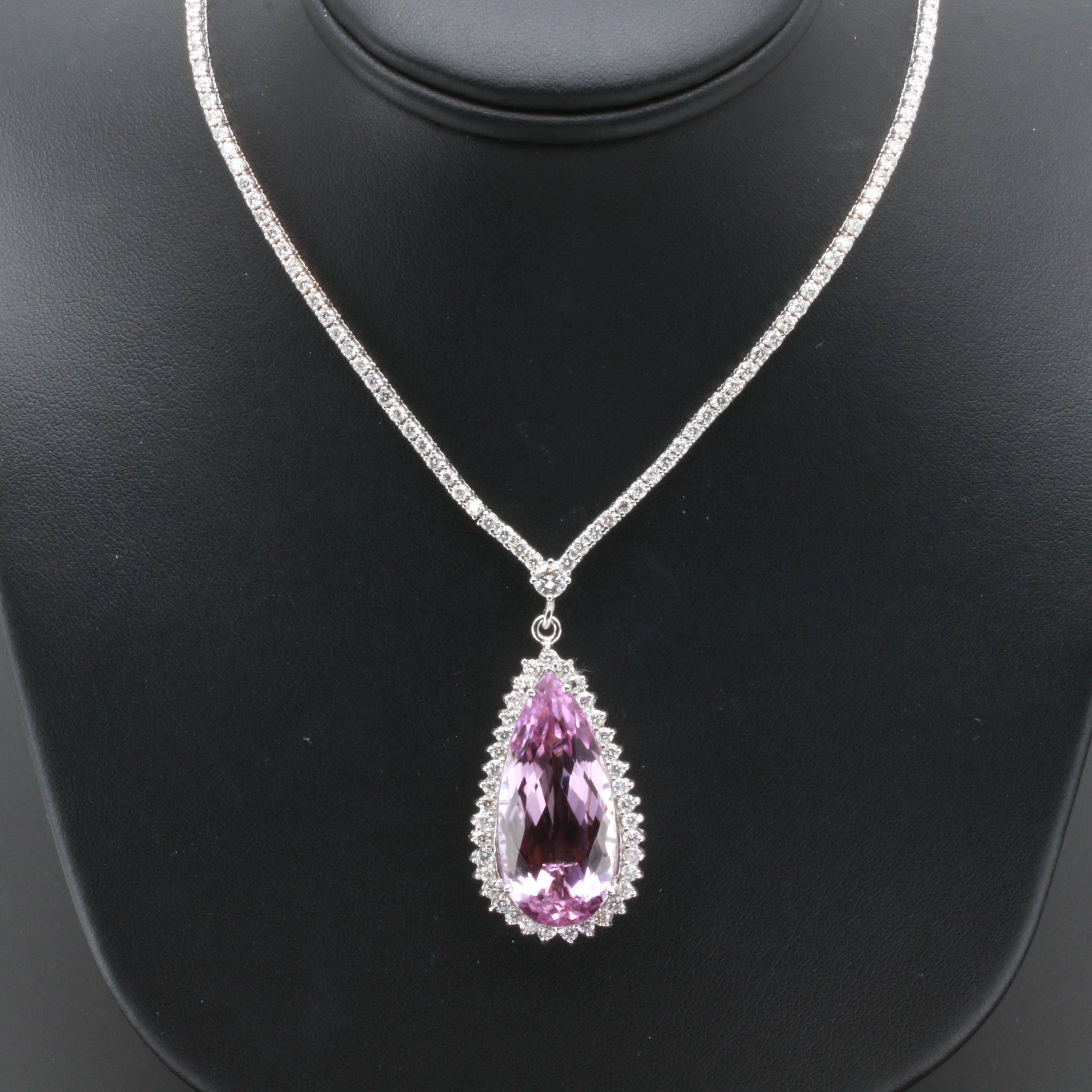 14K and 18K White Gold 20.99 CT Kunzite and 4.00 CTW Diamond Pendant Necklace