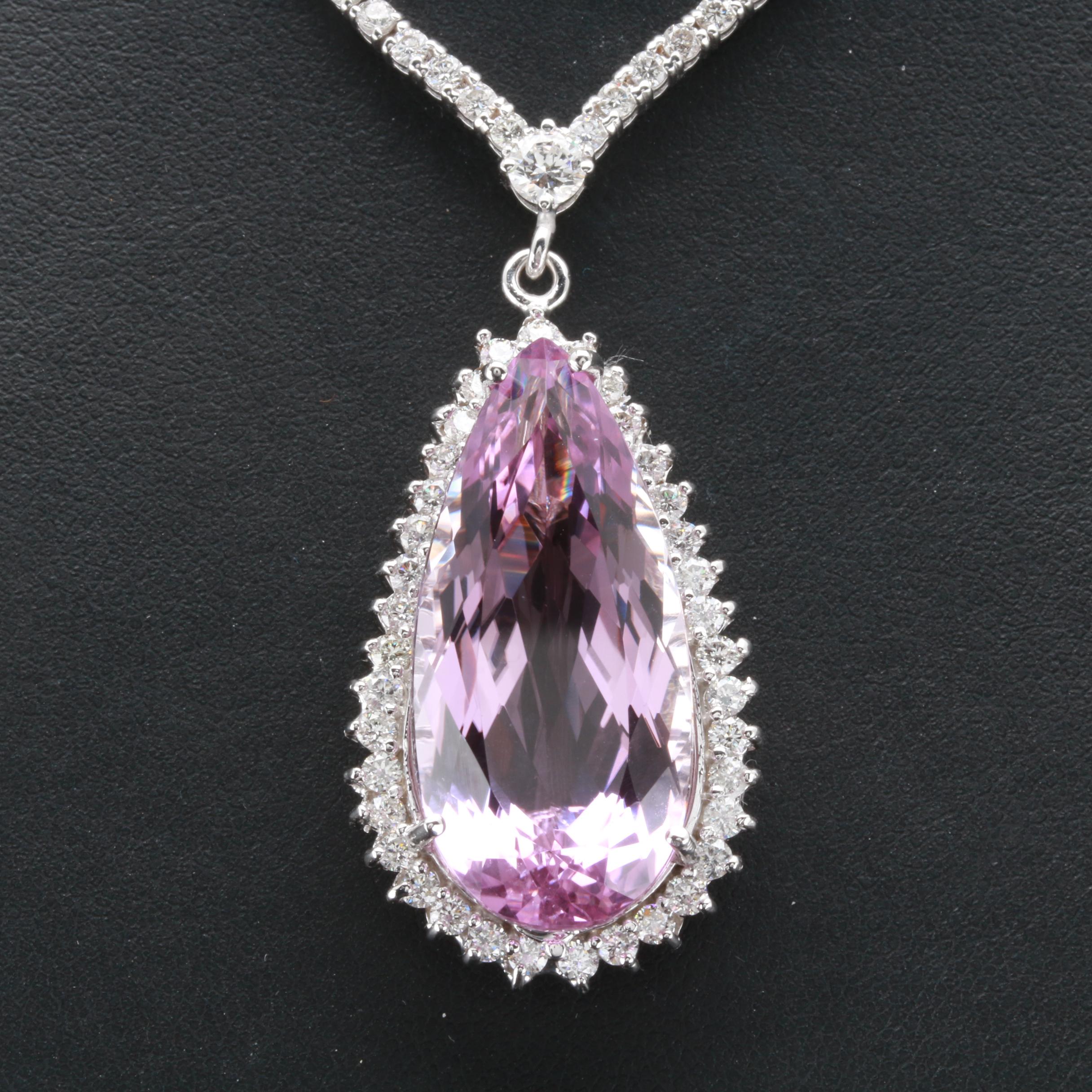 14K and 18K White Gold 20.99 CT Kunzite and 4.00 CTW Diamond Pendant Necklace