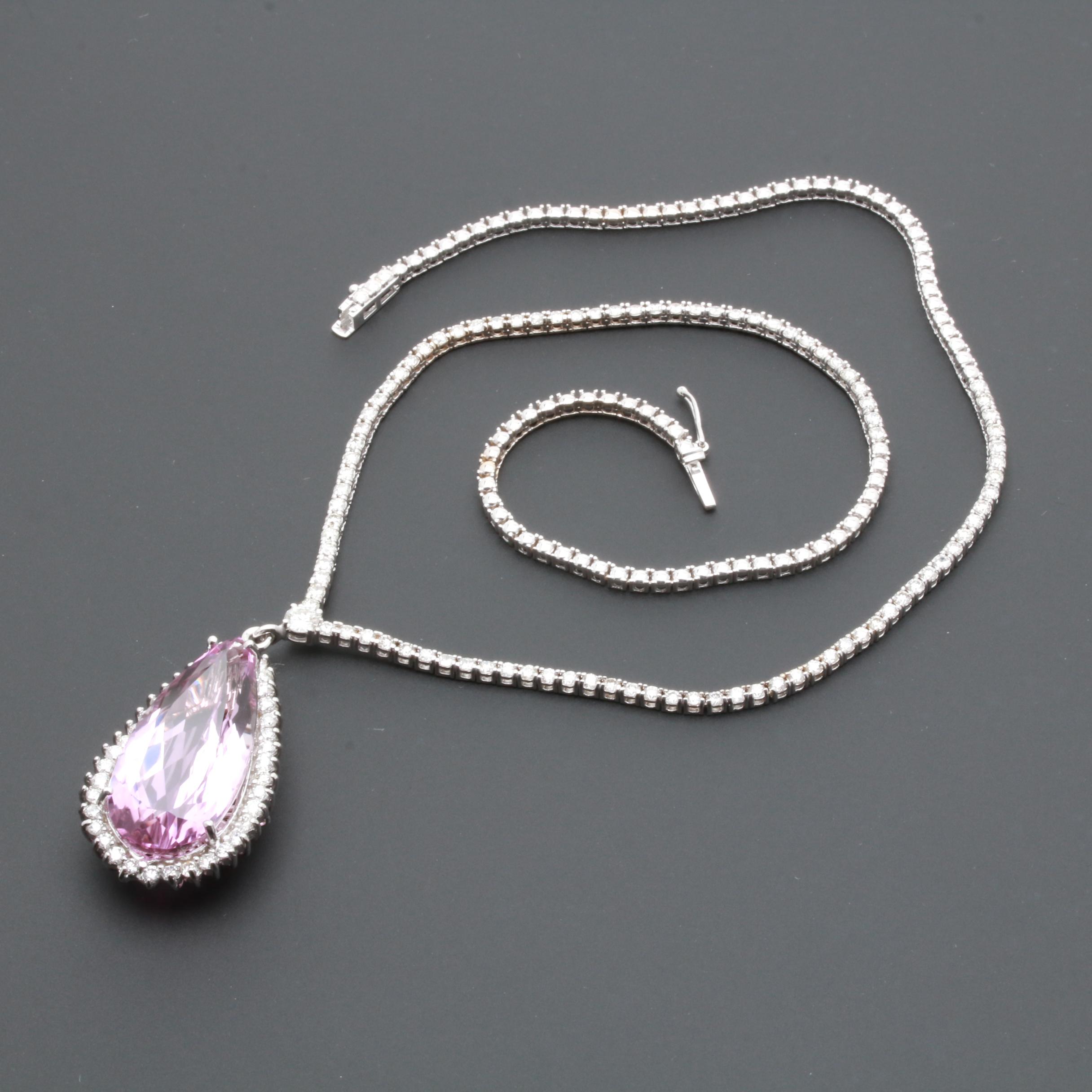 14K and 18K White Gold 20.99 CT Kunzite and 4.00 CTW Diamond Pendant Necklace
