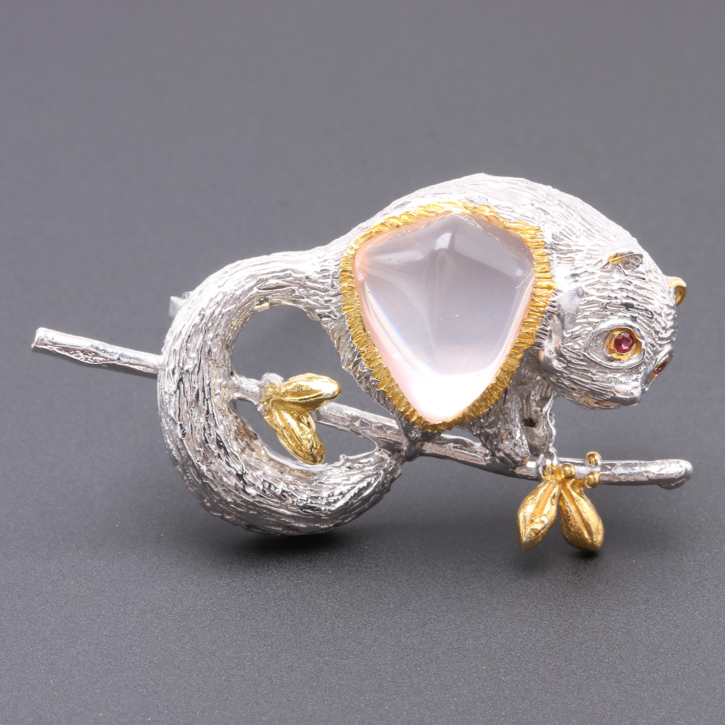 Sterling Silver Rose Quartz and Garnet Lemur Motif Brooch