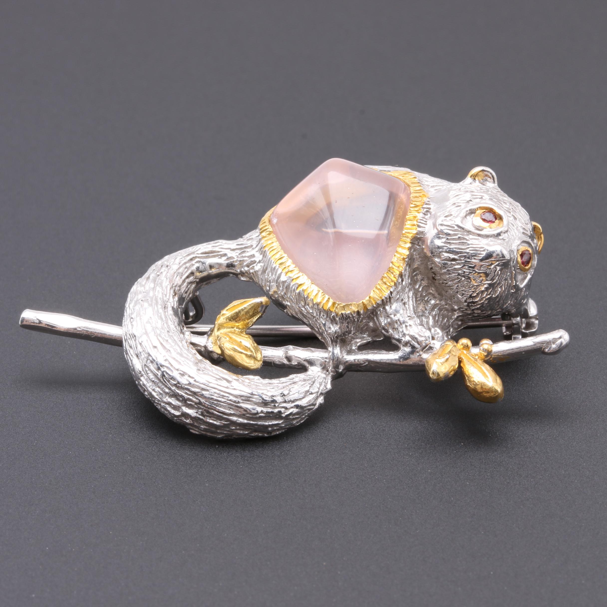 Sterling Silver Rose Quartz and Garnet Lemur Motif Brooch