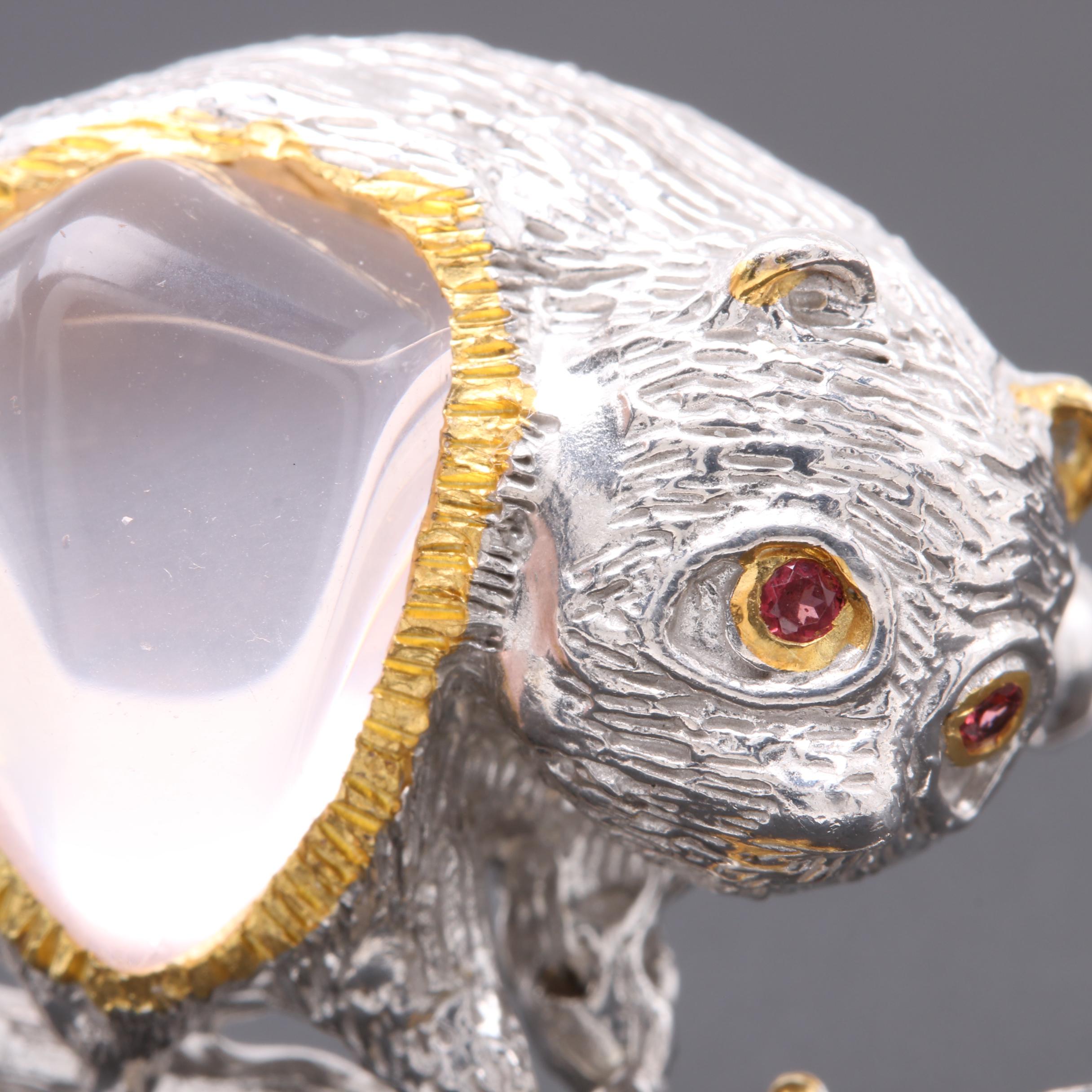 Sterling Silver Rose Quartz and Garnet Lemur Motif Brooch