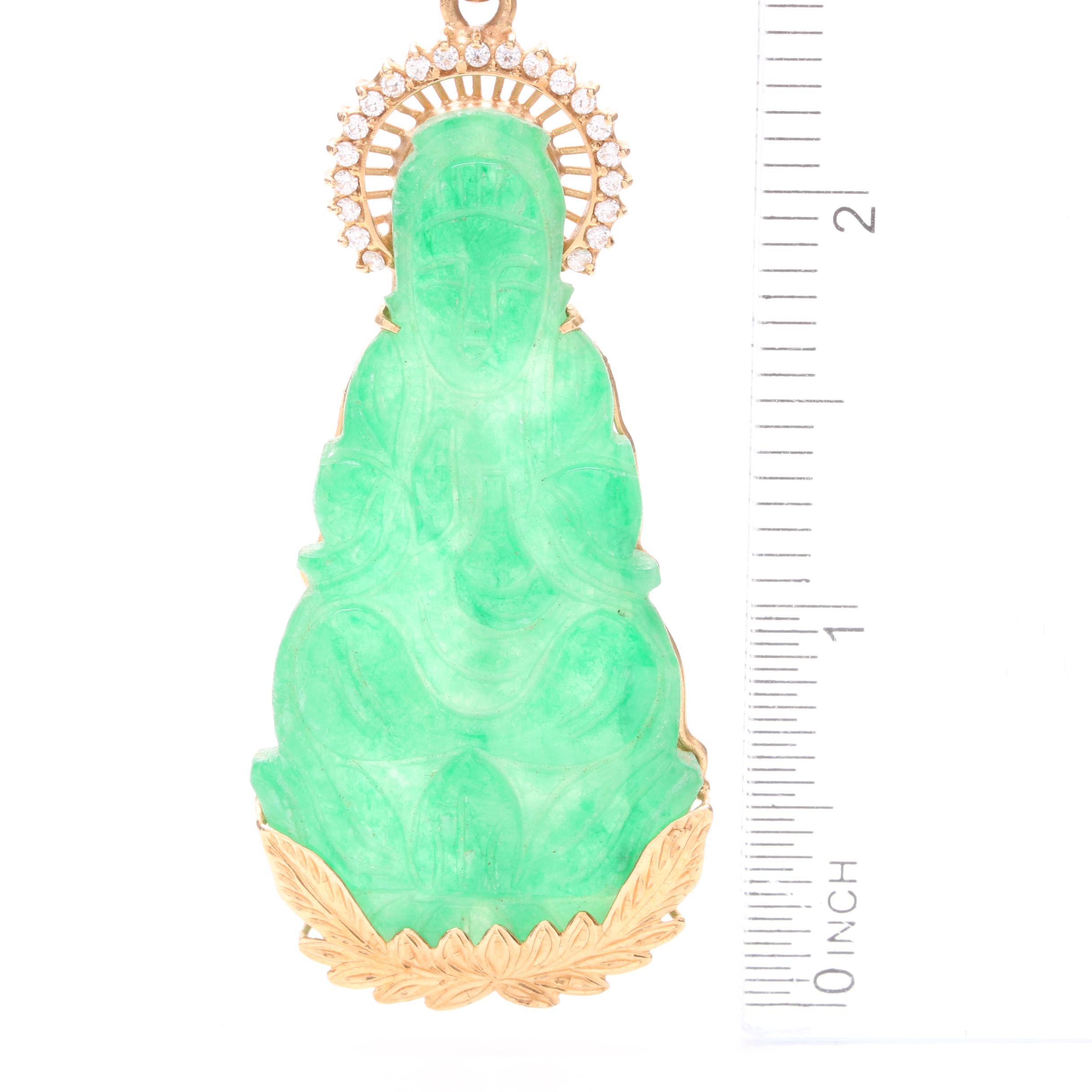 14K Yellow Gold Jadeite and Cubic Zirconia Buddha Pendant Necklace