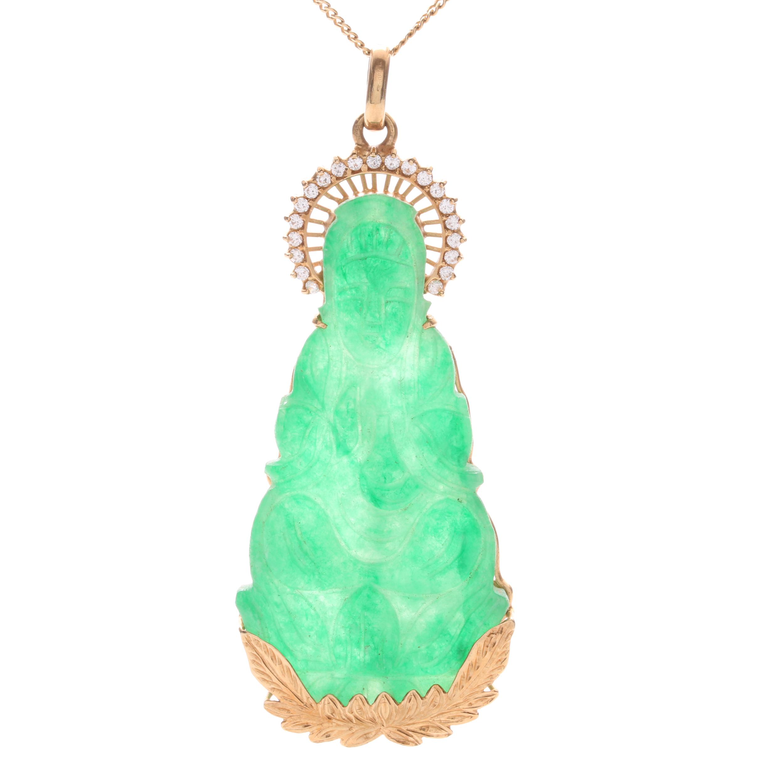 14K Yellow Gold Jadeite and Cubic Zirconia Buddha Pendant Necklace