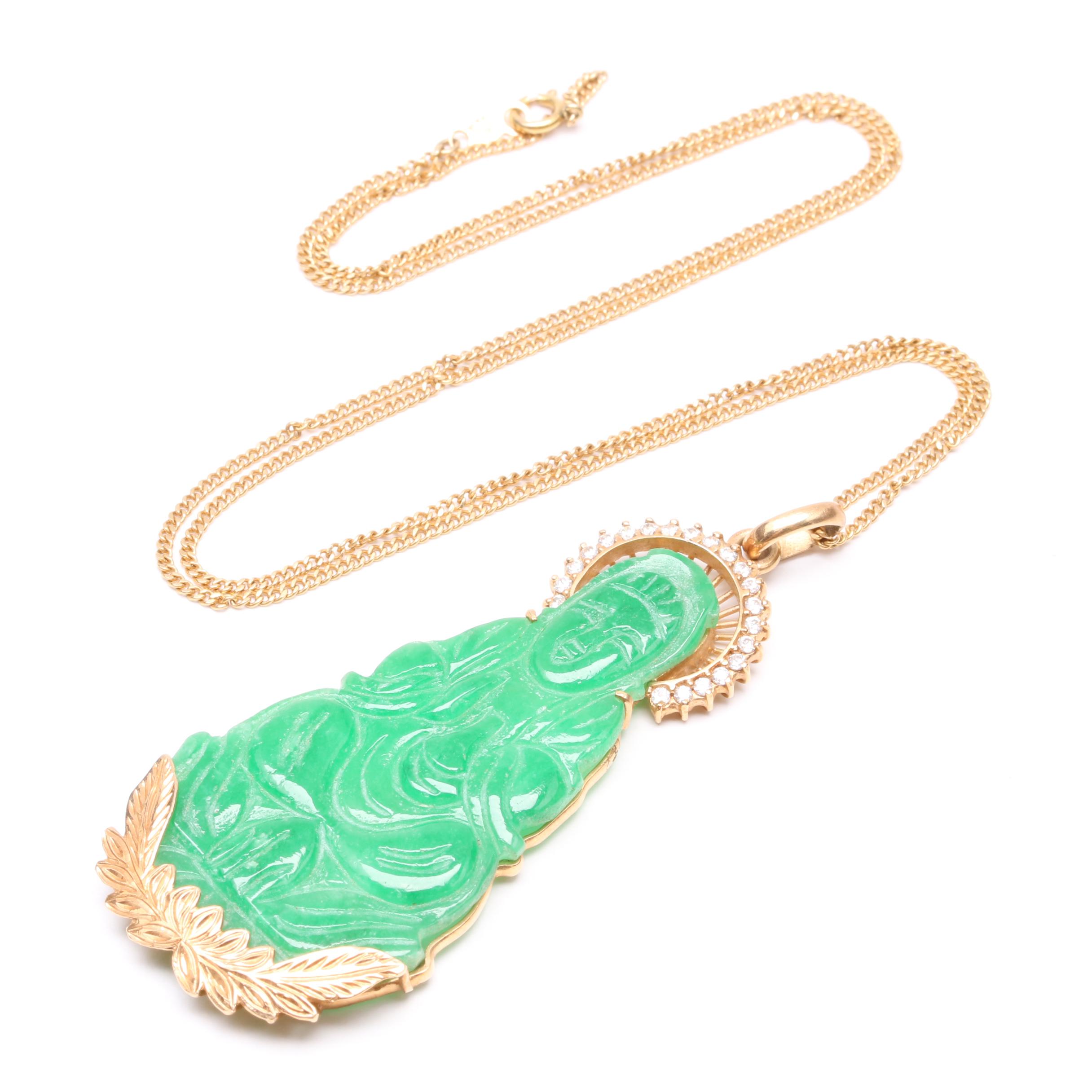 14K Yellow Gold Jadeite and Cubic Zirconia Buddha Pendant Necklace