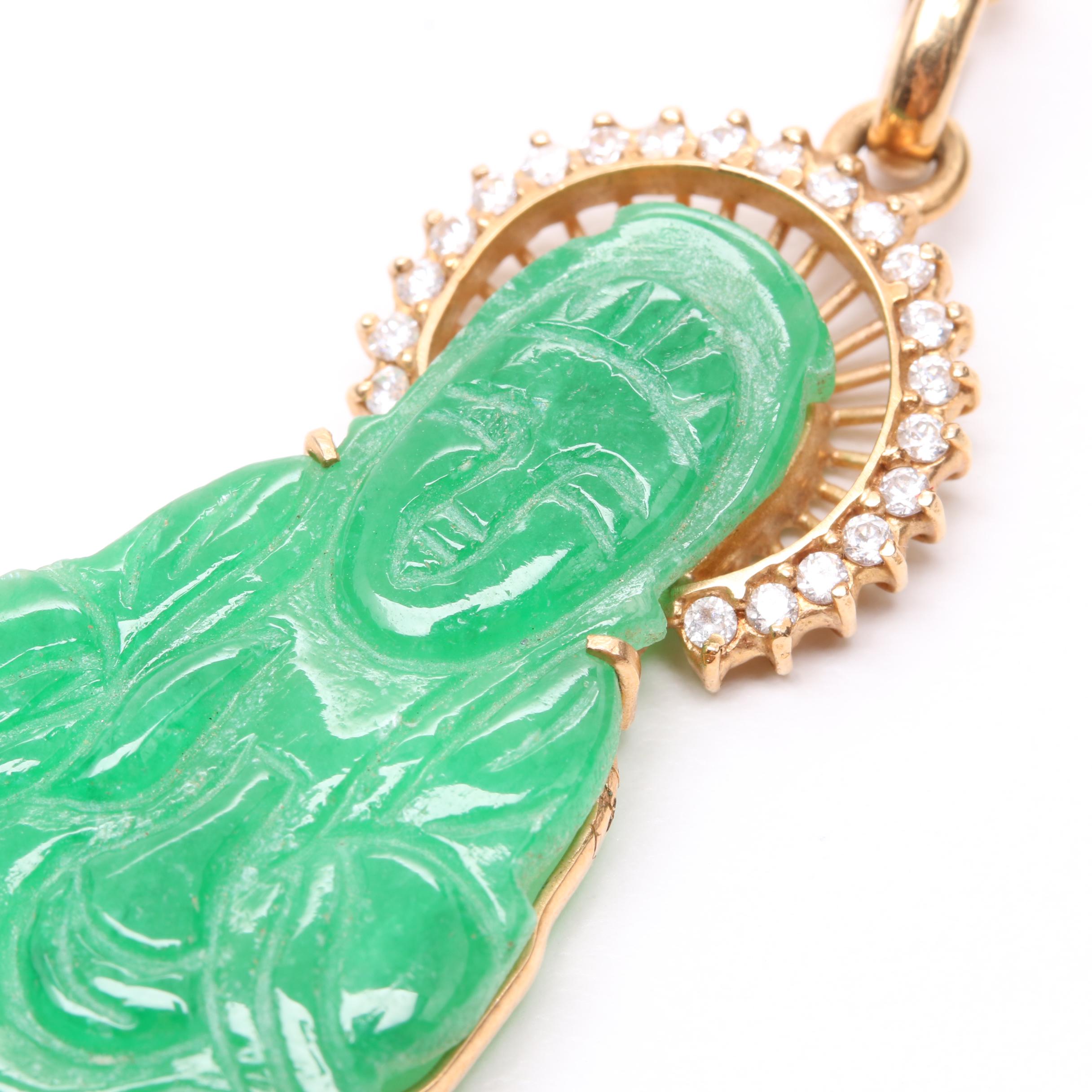 14K Yellow Gold Jadeite and Cubic Zirconia Buddha Pendant Necklace