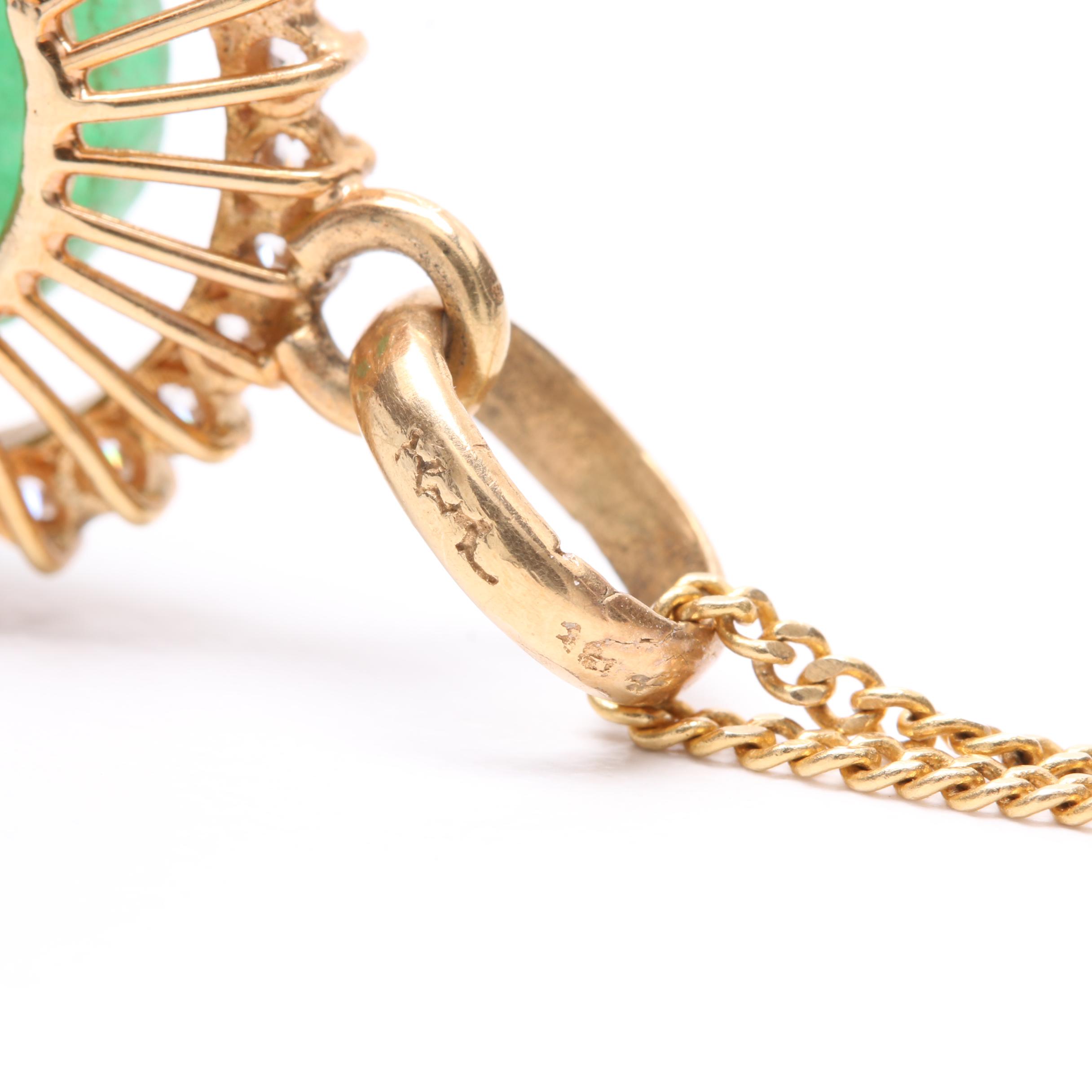 14K Yellow Gold Jadeite and Cubic Zirconia Buddha Pendant Necklace