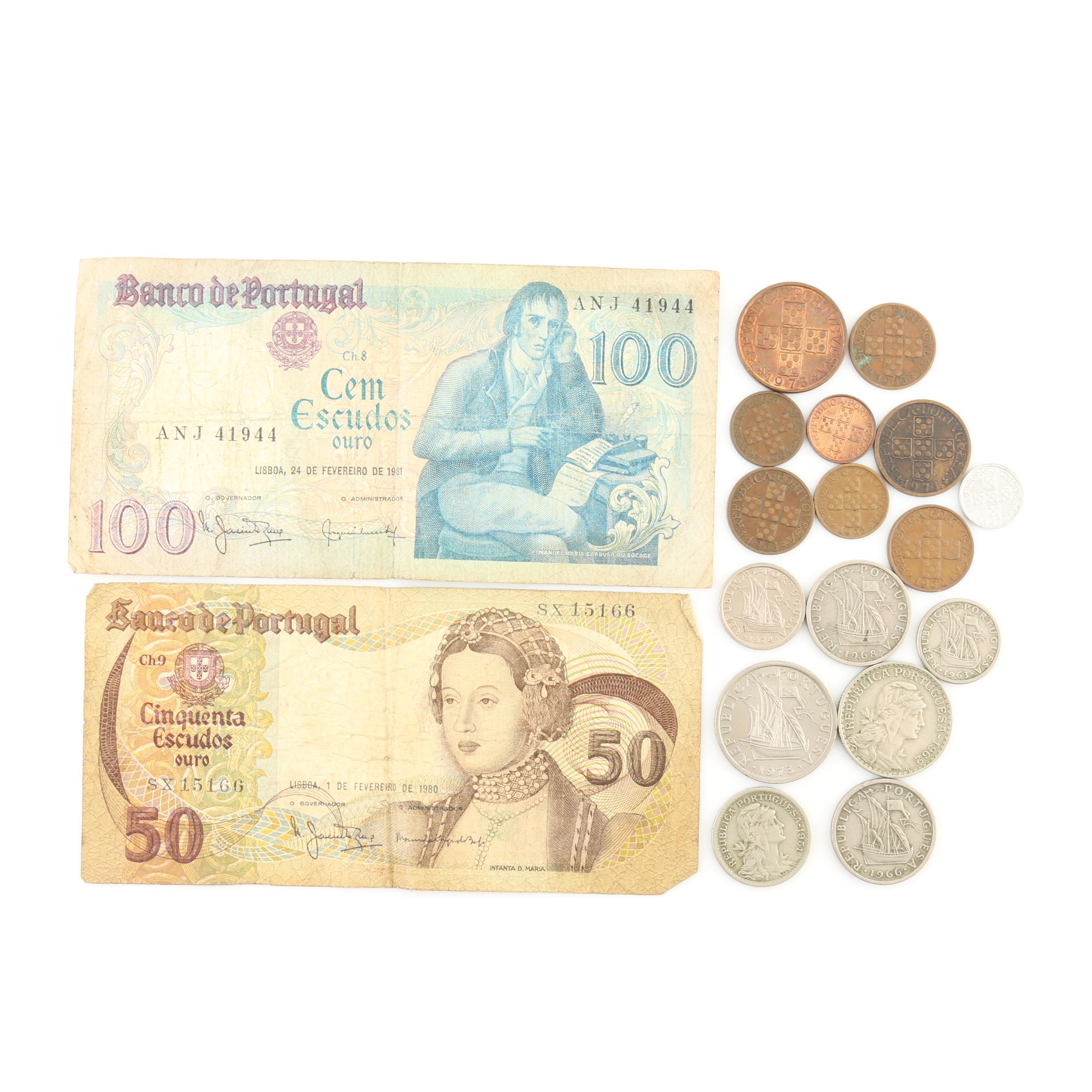 Group of Vintage Portuguese Coins and Currency