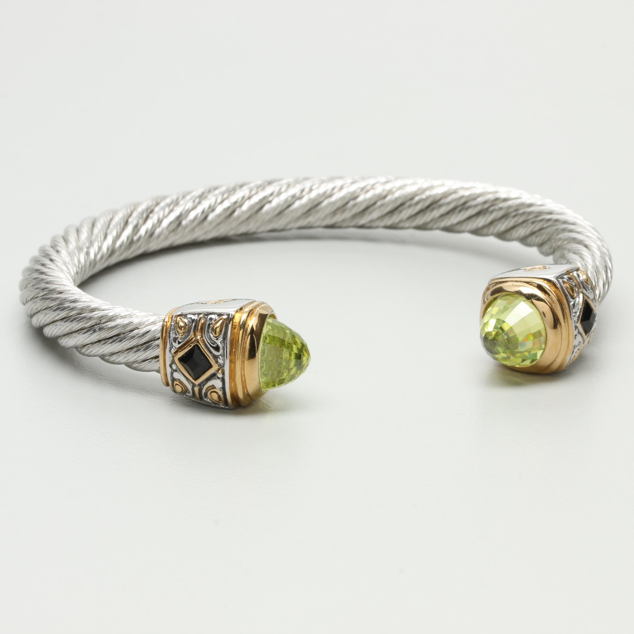 John Medeiros Silver Tone Cubic Zirconia and Glass Cuff Bracelet