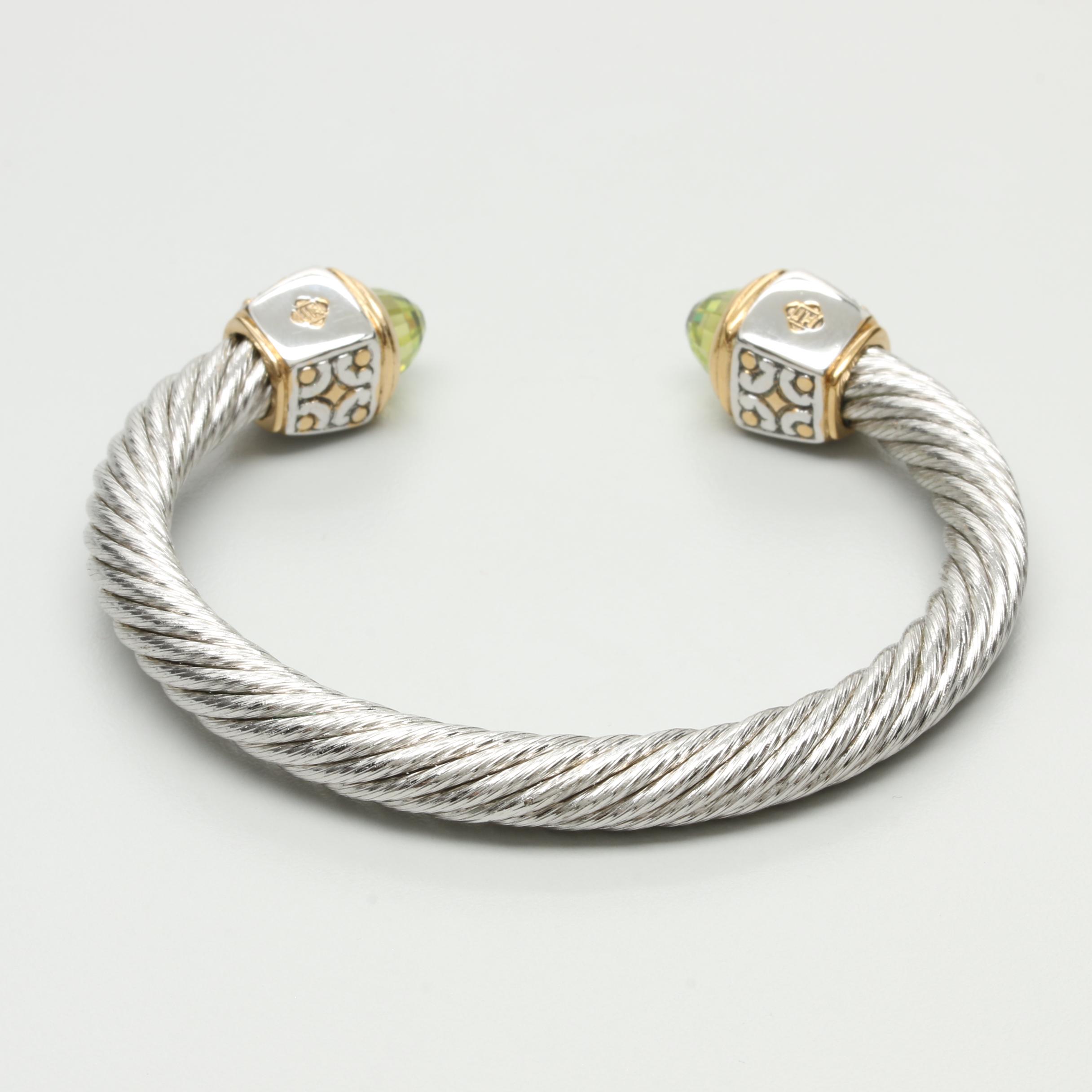 John Medeiros Silver Tone Cubic Zirconia and Glass Cuff Bracelet