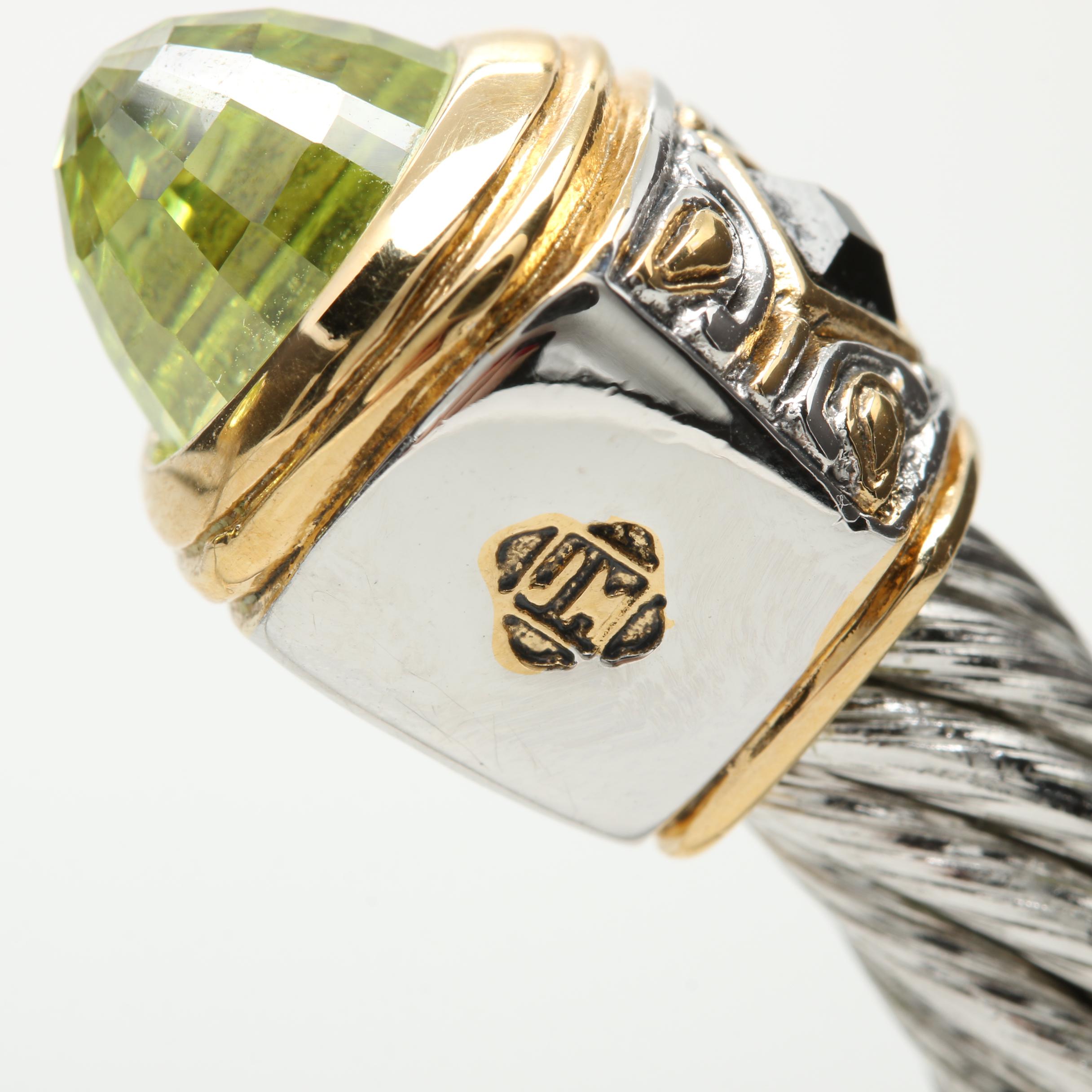 John Medeiros Silver Tone Cubic Zirconia and Glass Cuff Bracelet