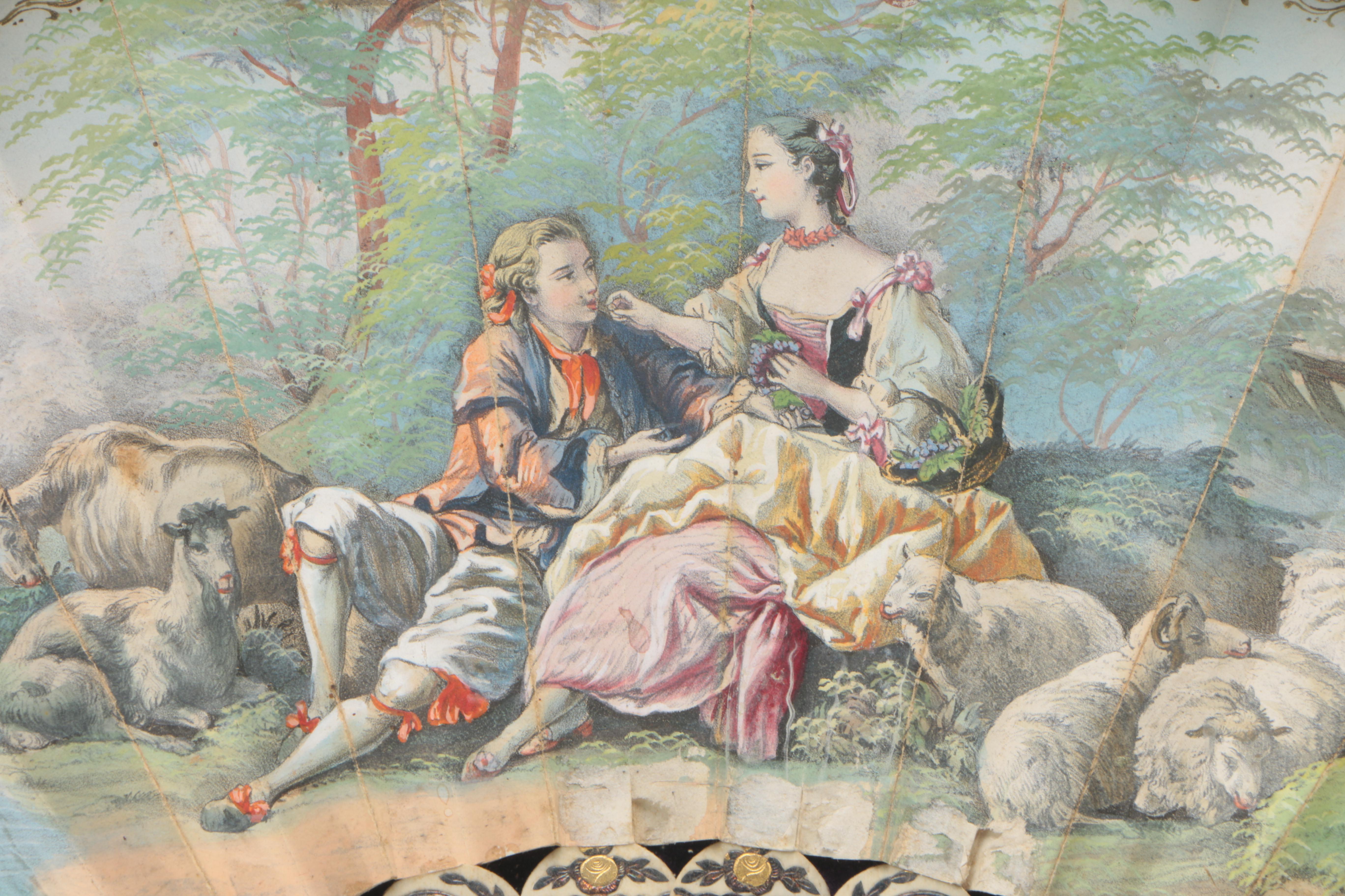 French Hand-Colored and Printed Bone Fan in Gilt Wood Frame, 19th Century