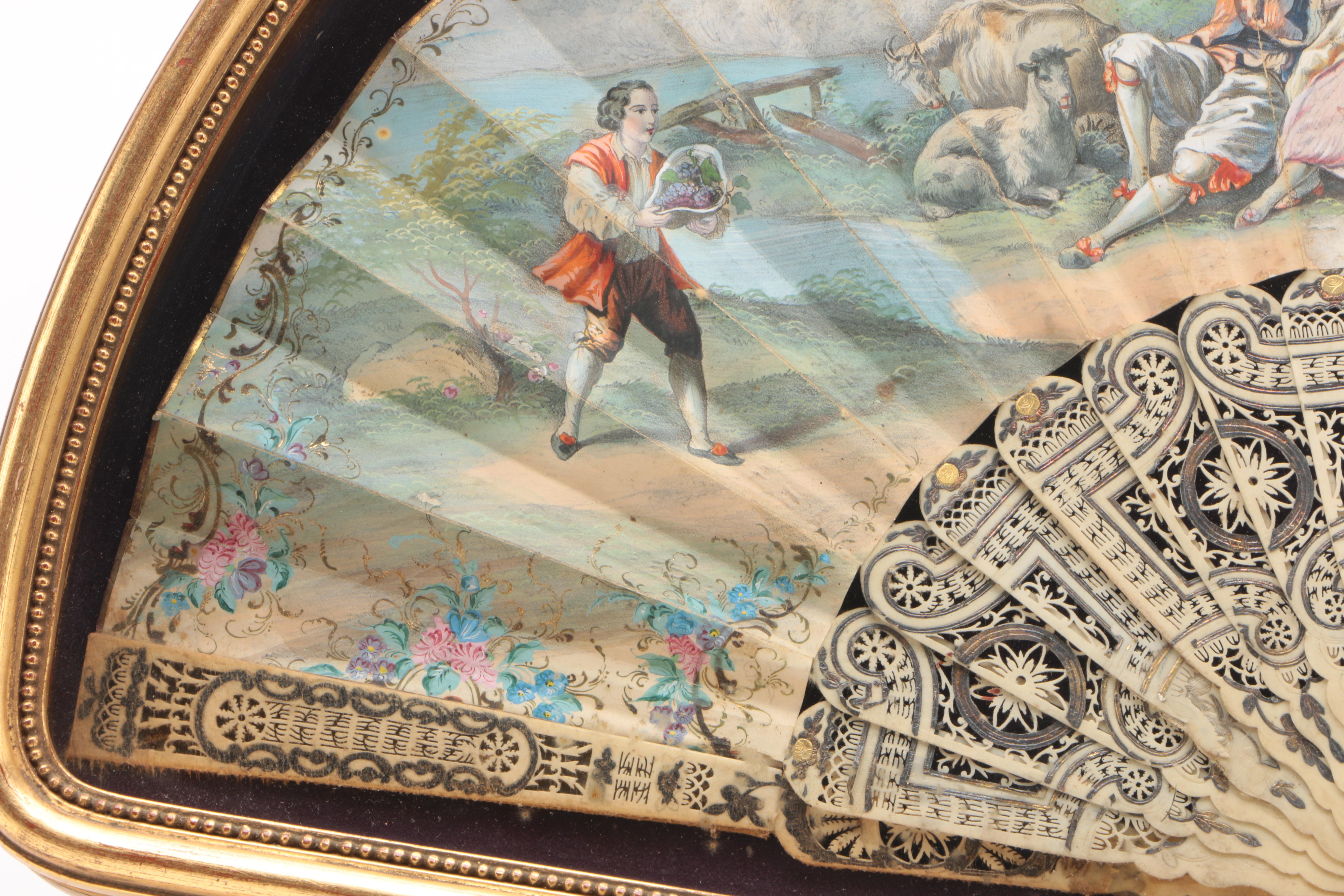 French Hand-Colored and Printed Bone Fan in Gilt Wood Frame, 19th Century