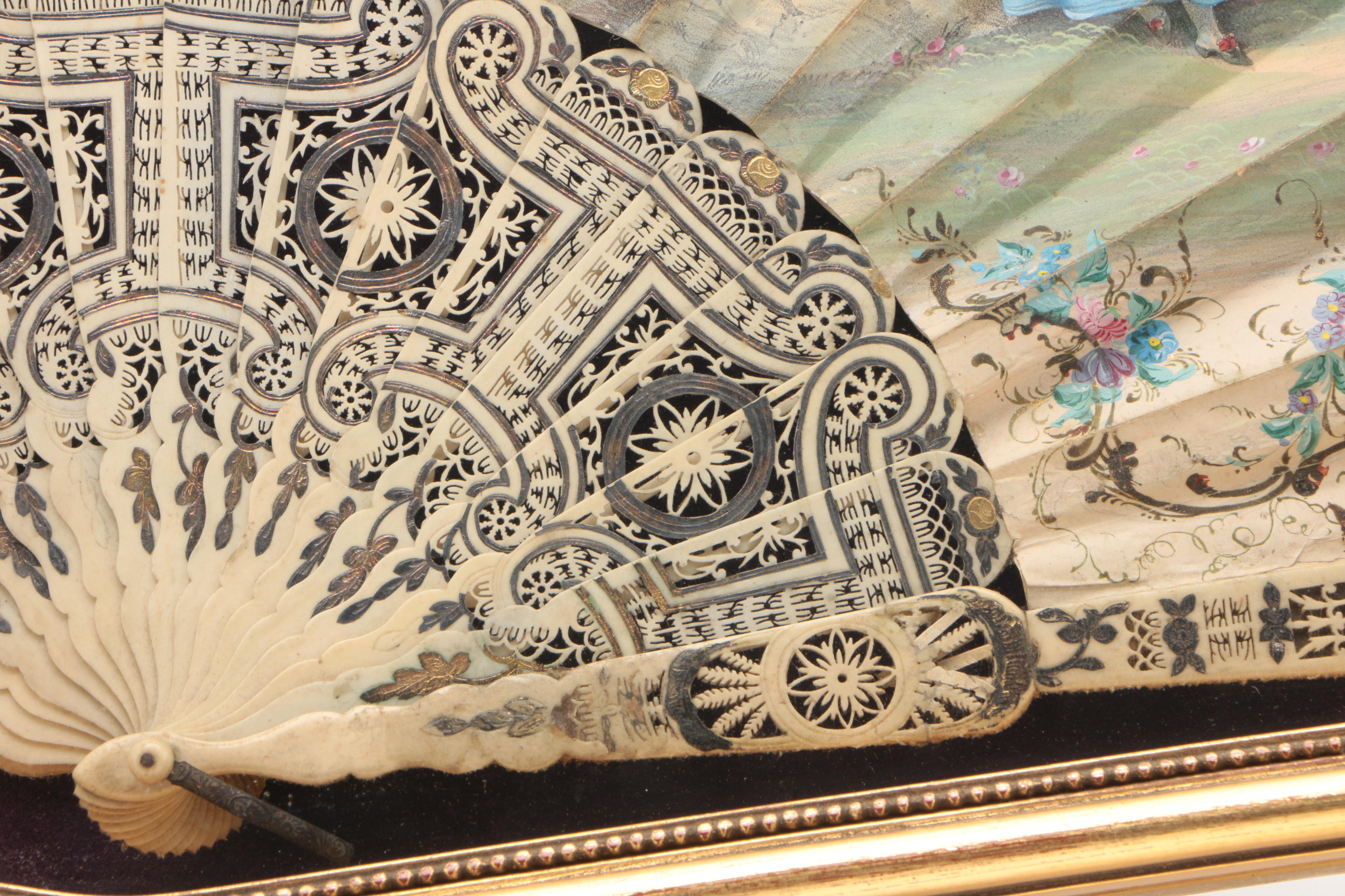 French Hand-Colored and Printed Bone Fan in Gilt Wood Frame, 19th Century