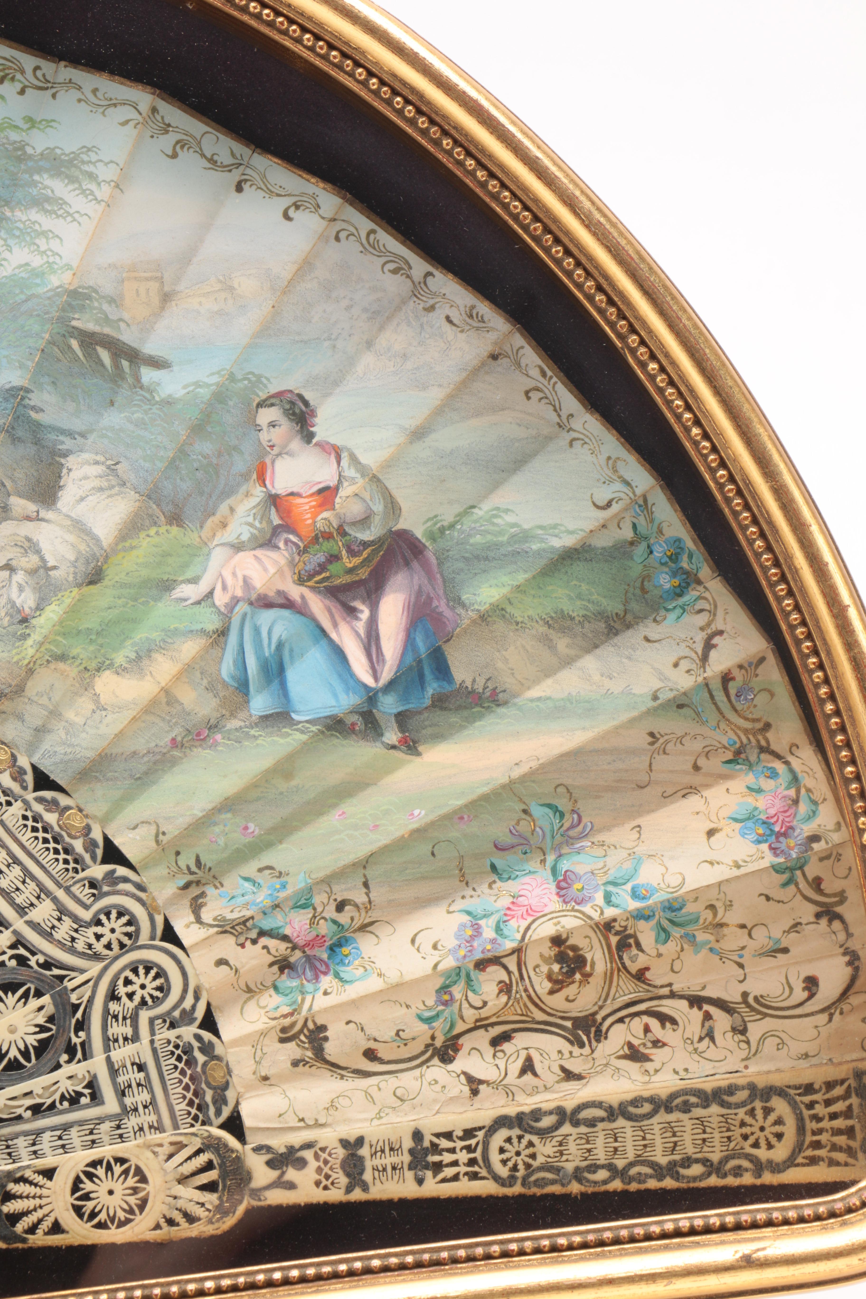 French Hand-Colored and Printed Bone Fan in Gilt Wood Frame, 19th Century